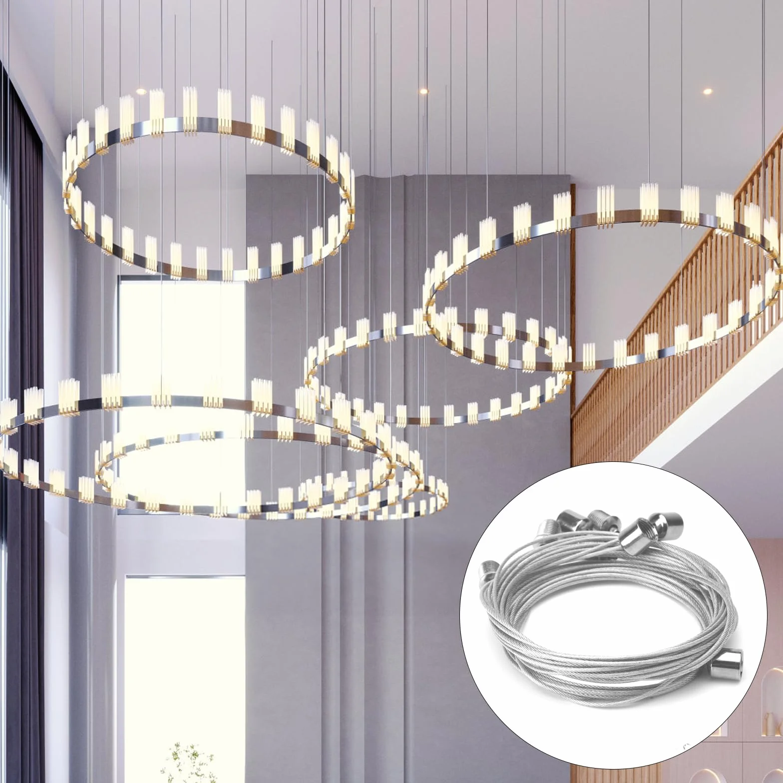Zestaw 4 zawieszek linowych, 1,5 mm x 2 m, regulowane zawieszenie, linka druciana, napinacz lamp, zawieszenie lampy do paneli LED, sufitu, mocowania zdjęć