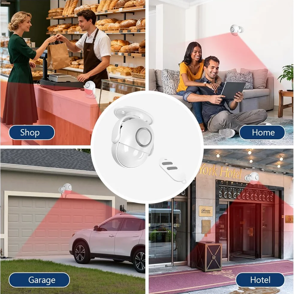 AXFEE Czujnik ruchu alarmowego 125 dB, zasięg detekcji 8 m do 360 , bezprzewodowy system antywłamaniowy do domu z pilotem zdalnego sterowania, syrenka alarmowa obwodowa, do użytku w domu, garażu
