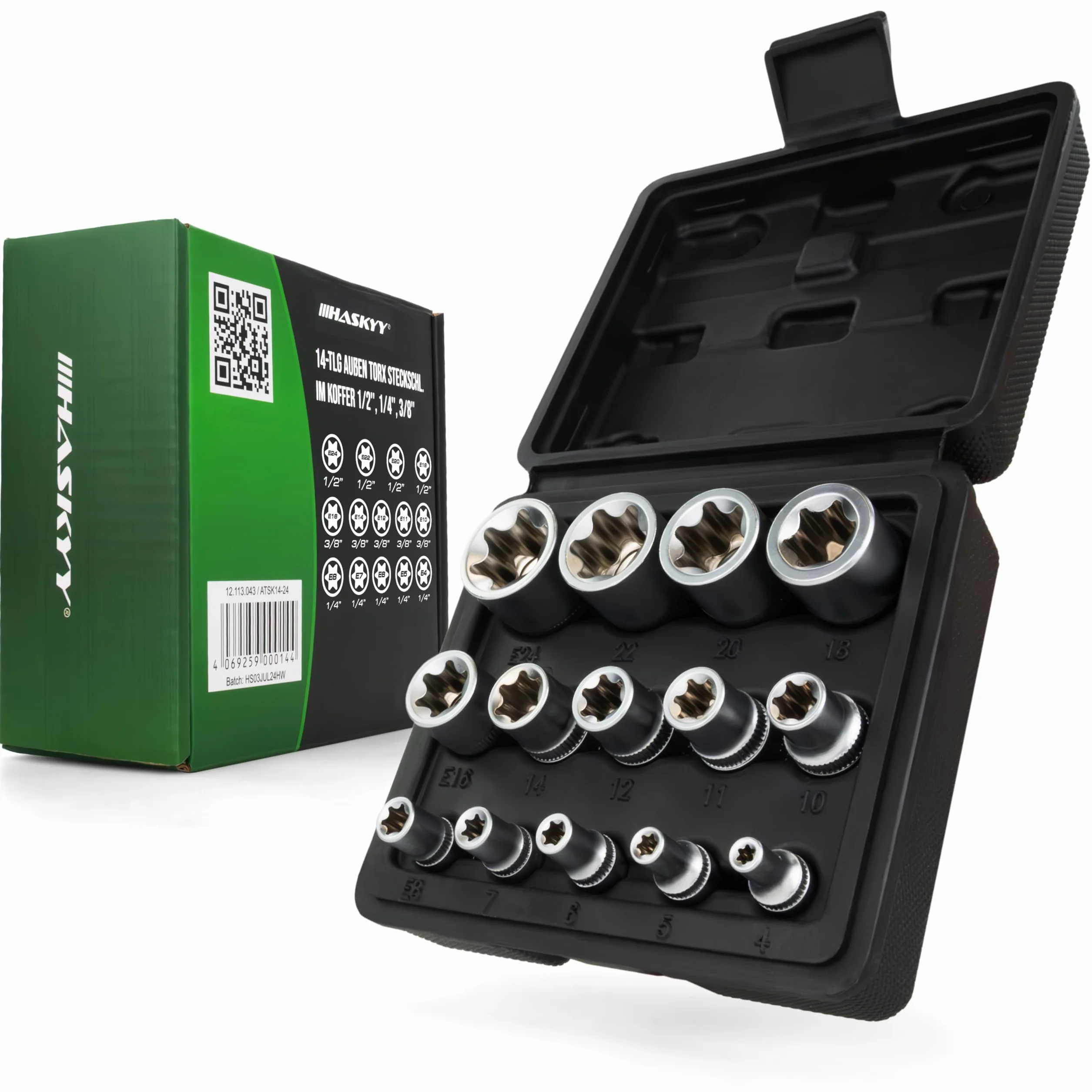 HASKYY Zestaw nasadów Torx 14-częściowy Profil E E4-E24 1/4 3/8 1/2 cala