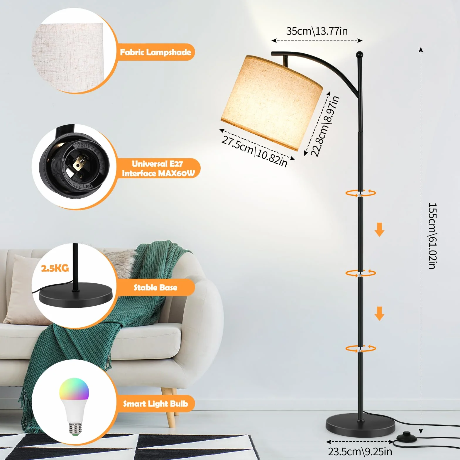 Euakee Lampa podłogowa LED do ściemniania, 155 cm lampa stojąca, salon RGB z aplikacją i pilotem zdalnego sterowania, odtwarzanie lamp podłogowych z asystentem Alexa&Google, nowoczesna lampa do salonu