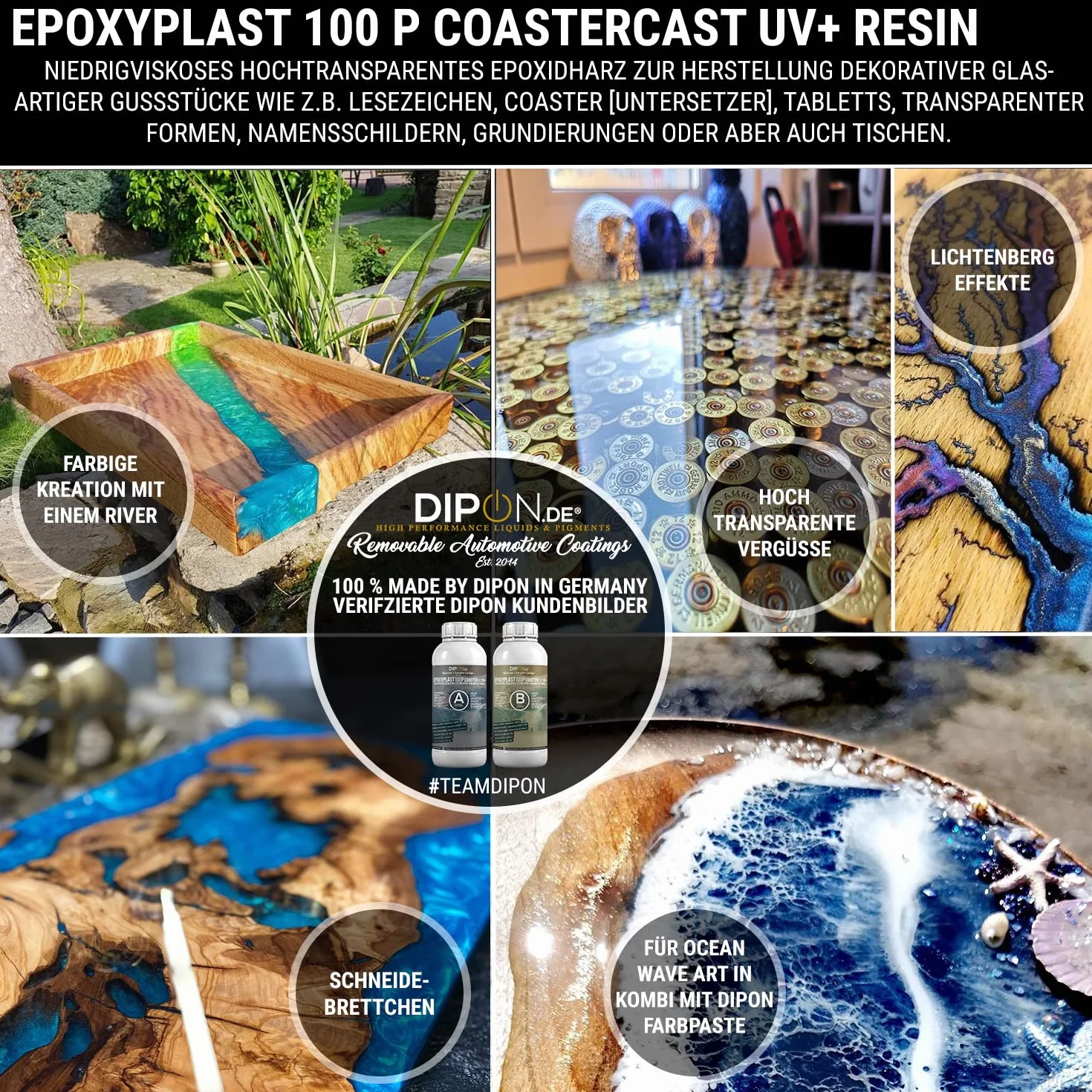 Żywica epoksydowa EpoxyPlast 100P CoasterCast UV+ 6,0 kg, bezbarwna i bez pęcherzyków powietrza, maksymalna ochrona przed promieniowaniem UV, nie zawiera BPA, nietoksyczna, nadaje się do zakładek,