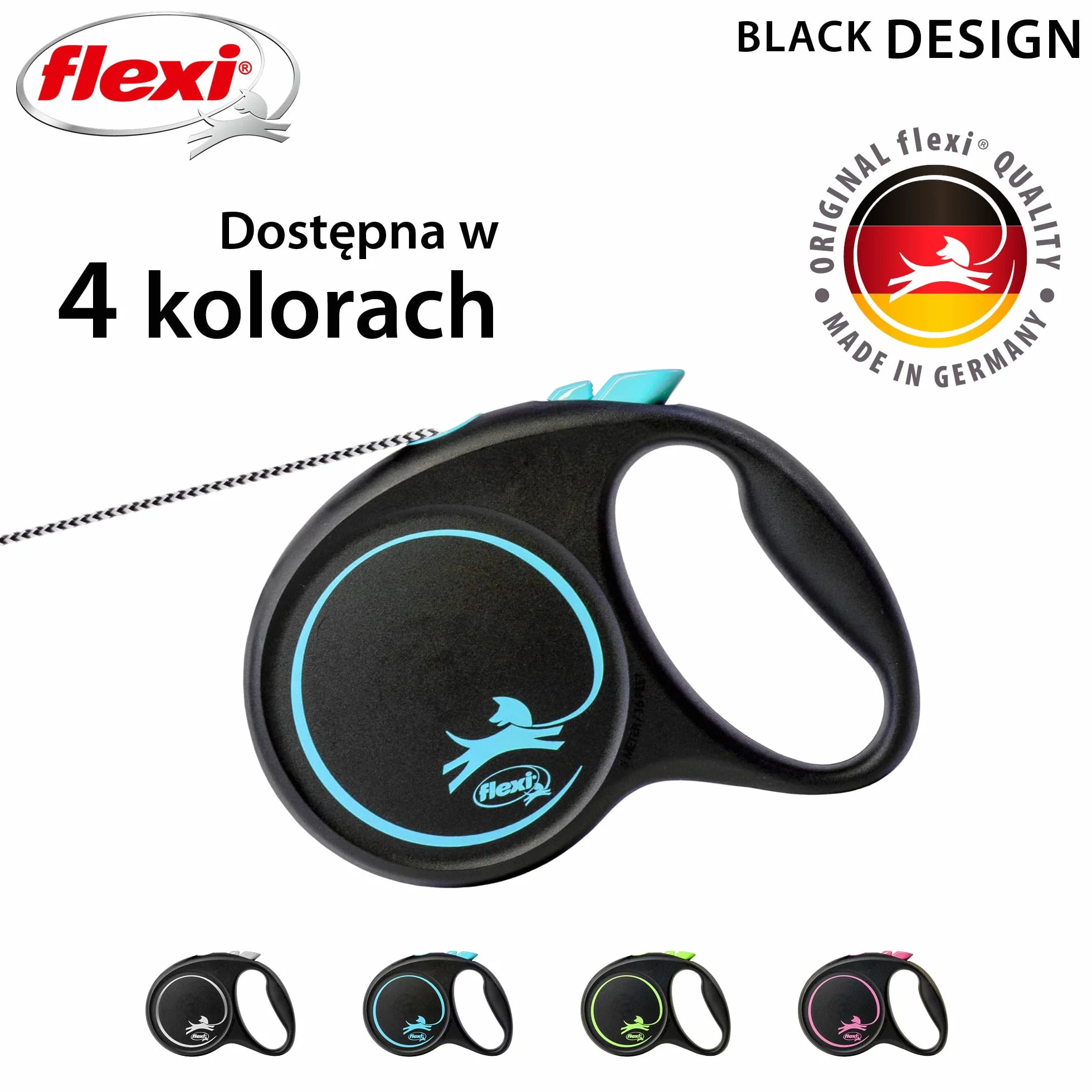 Flexi, model smyczy w kolorze czarnym, wersja ze sznurkiem, nowoczesny i ergonomiczny kształt, zaawansowany system prowadzenia, zwijana smycz, wyprodukowano w Niemczech, czarno-niebieski, M - 5m