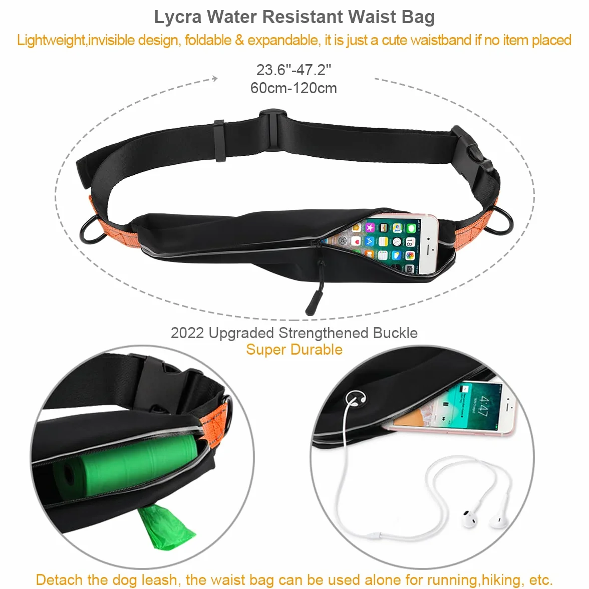 Philorn Smycz dla psa bez użycia rąk z etui na telefon, smycz dla psa do biegania / joggingu, amortyzująca wstrząsy podwójna rączka bungee (119-170 cm), odblaskowe szwy, regulowany pas biodrowy