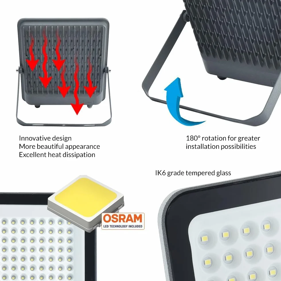 M Ledme - Napoli Plus reflektor Led 200 W, 24000 lumenów, możliwość ściemniania IP65, ciepłe światło (3000 k), oświetlenie zewnętrzne. Zastosowanie do ogrodu, patio, parkingu, hotelu, budynków itp.