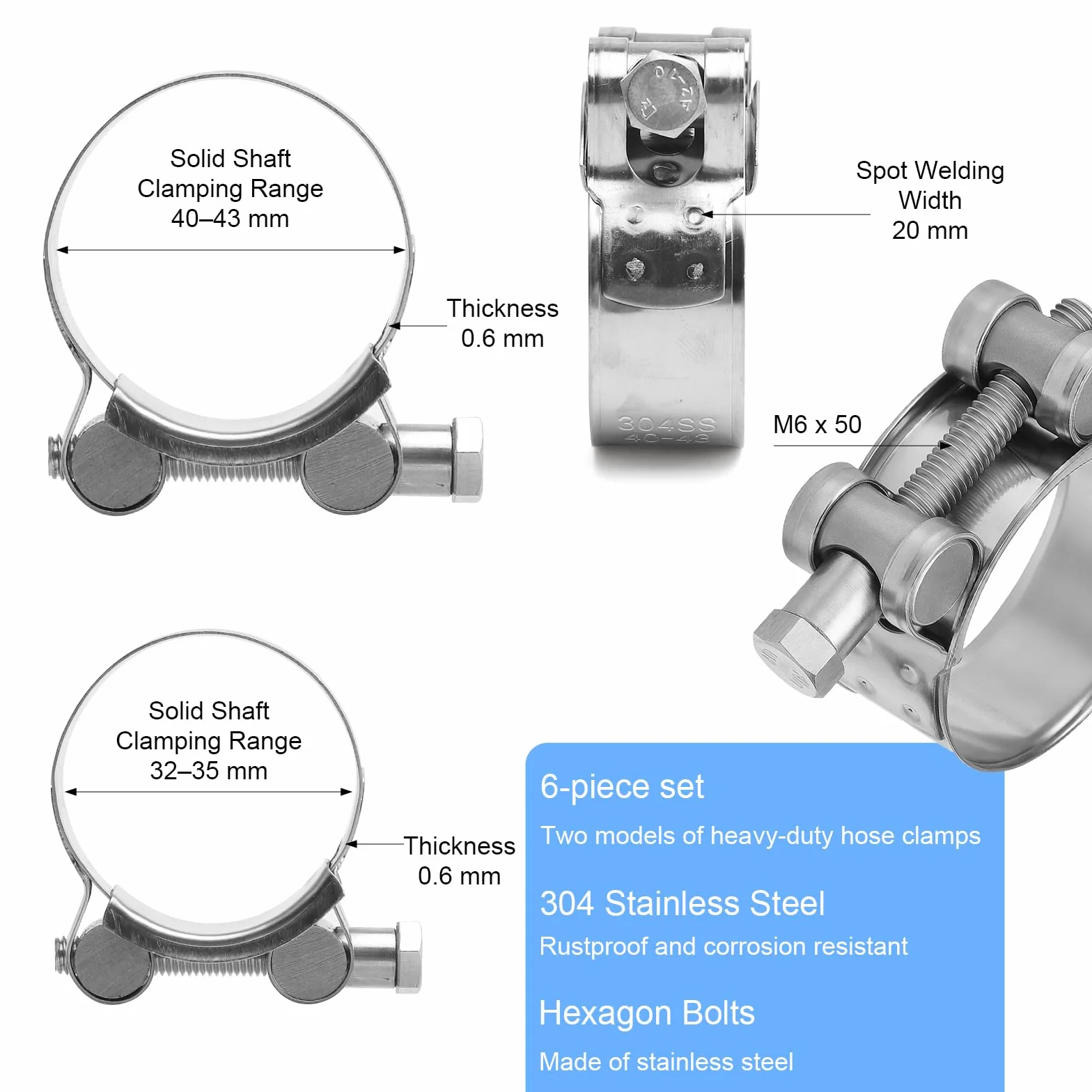 APOMOONS Zestaw 6 przegubowy ze stali nierdzewnej, 4 sztuki obejmy śrubowe 40-43 mm, 2 sztuki obejmy do węża 32-35 mm, szerokość