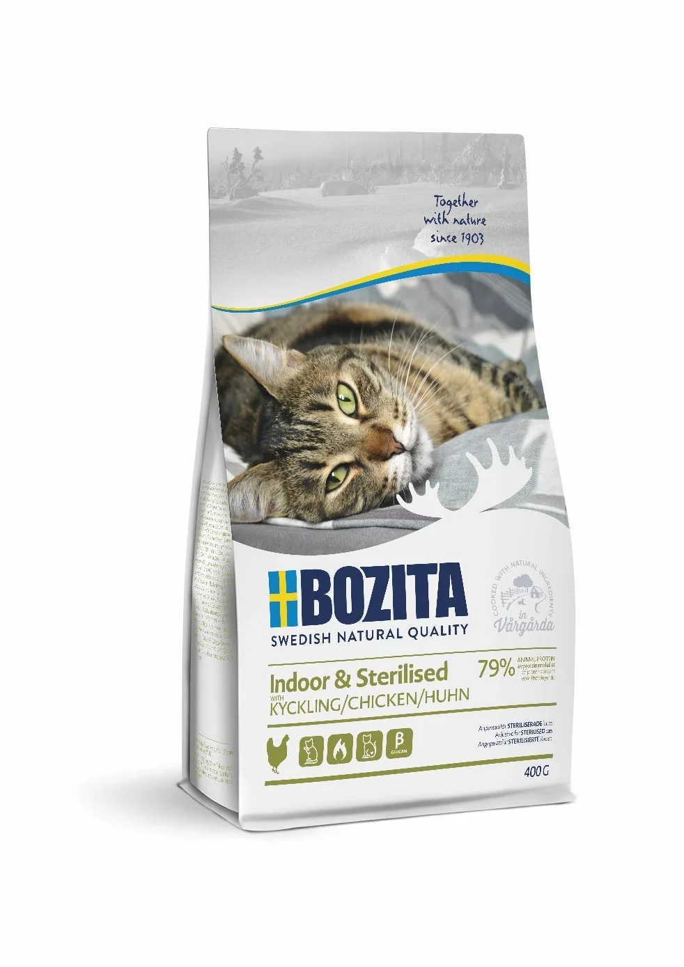 BOZITA Wewnątrz i sterylizowany kurczak – sucha karma dla dorosłych głównie w pomieszczeniach żyjących kotów, 0,4 kg, XXL