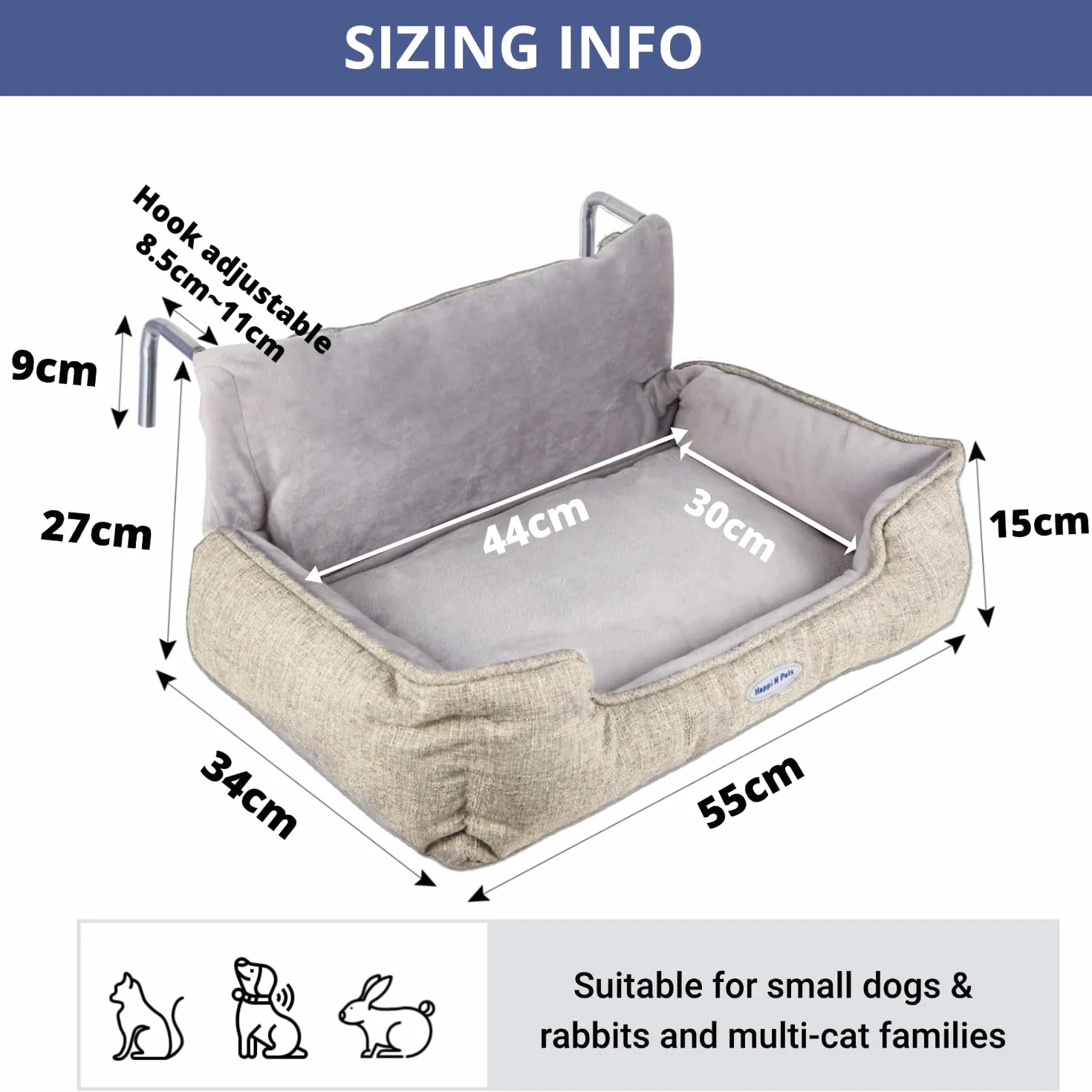 Happi N Pets Łóżko dla kota ogrzewane, ciepłe i stabilne siedzisko dla dużych kotów, z zmywalną pluszową poszewką, regulowanym metalowym haczykiem, wygodny hamak, beżowe