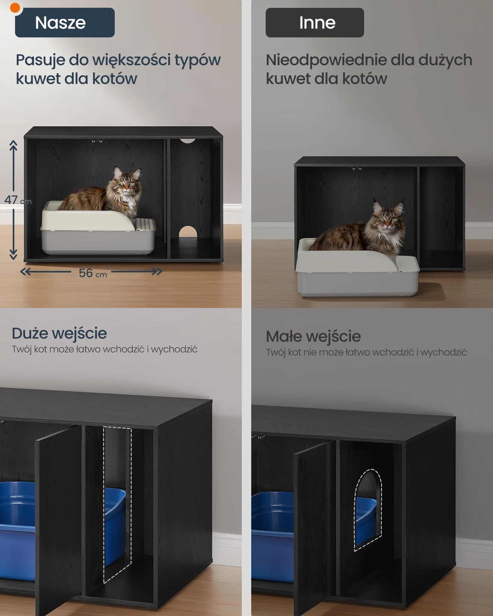 SONGMICS HOME Szafka na kuwety dla kota, ultraszybki montaż bez użycia narzędzi, ociekacz dla dużych kotów, drzwi otwierane ciśnieniowo, stół, minimalistyczny, nowoczesny, czarny drewno PCL013B03