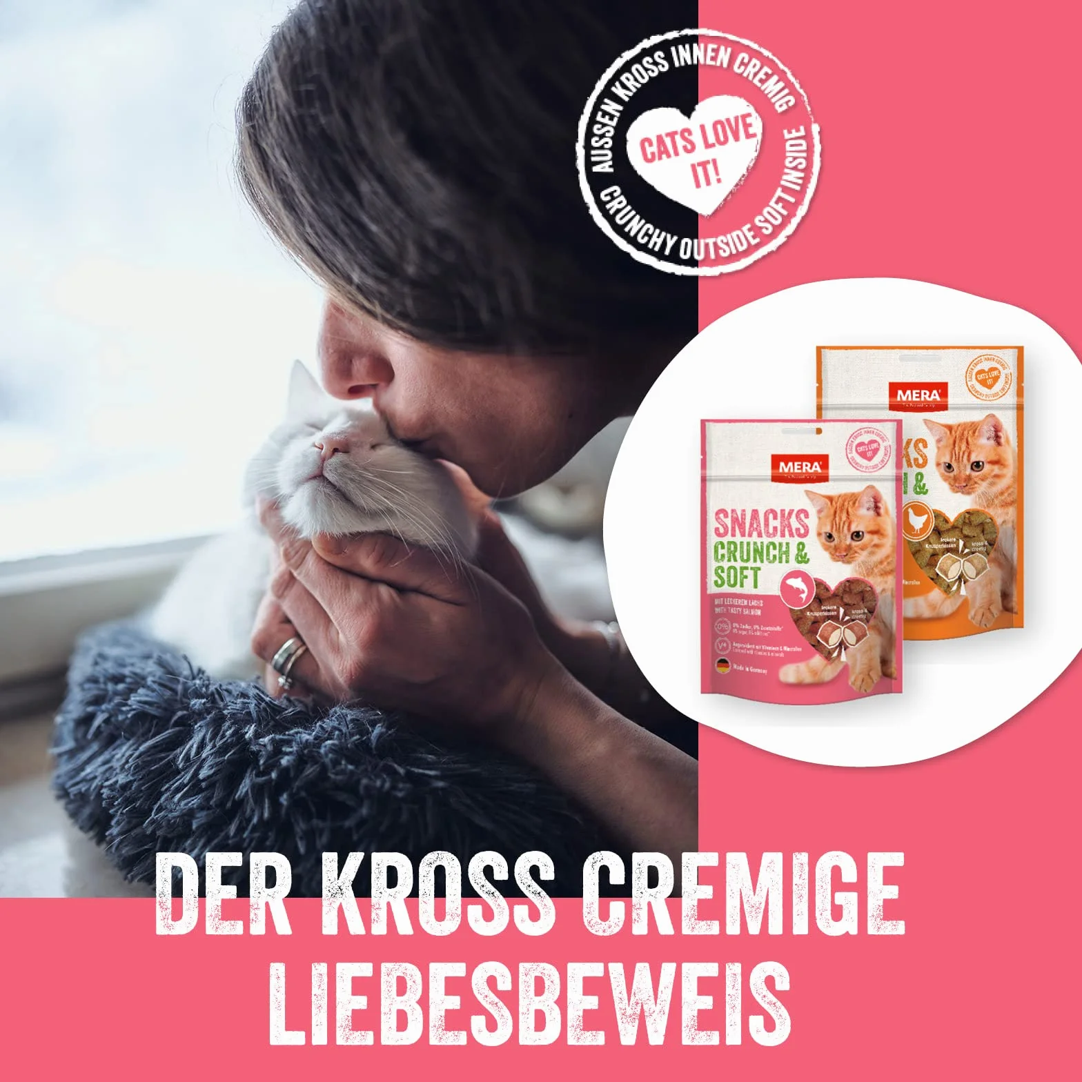MERA Crunch & Soft z łososiem, 200 g pysznych smakołyków dla kotów, pożywna przekąska dla kota pełna witamin i minerałów, chrupiąca poduszka z kremowym wypełnieniem