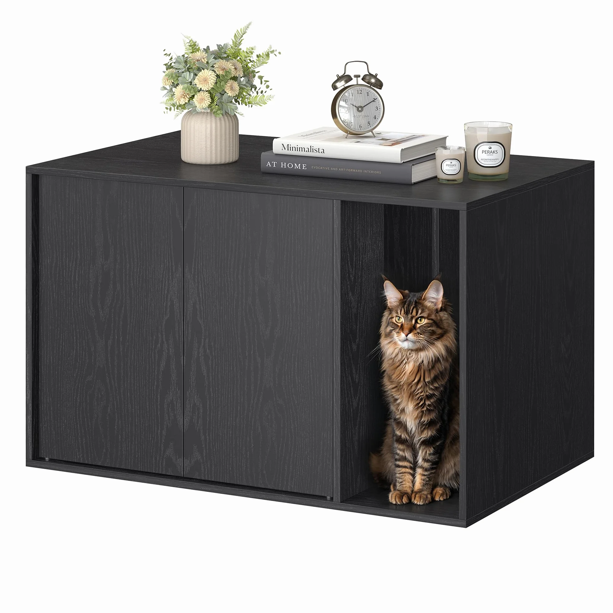 SONGMICS HOME Szafka na kuwety dla kota, ultraszybki montaż bez użycia narzędzi, ociekacz dla dużych kotów, drzwi otwierane ciśnieniowo, stół, minimalistyczny, nowoczesny, czarny drewno PCL013B03