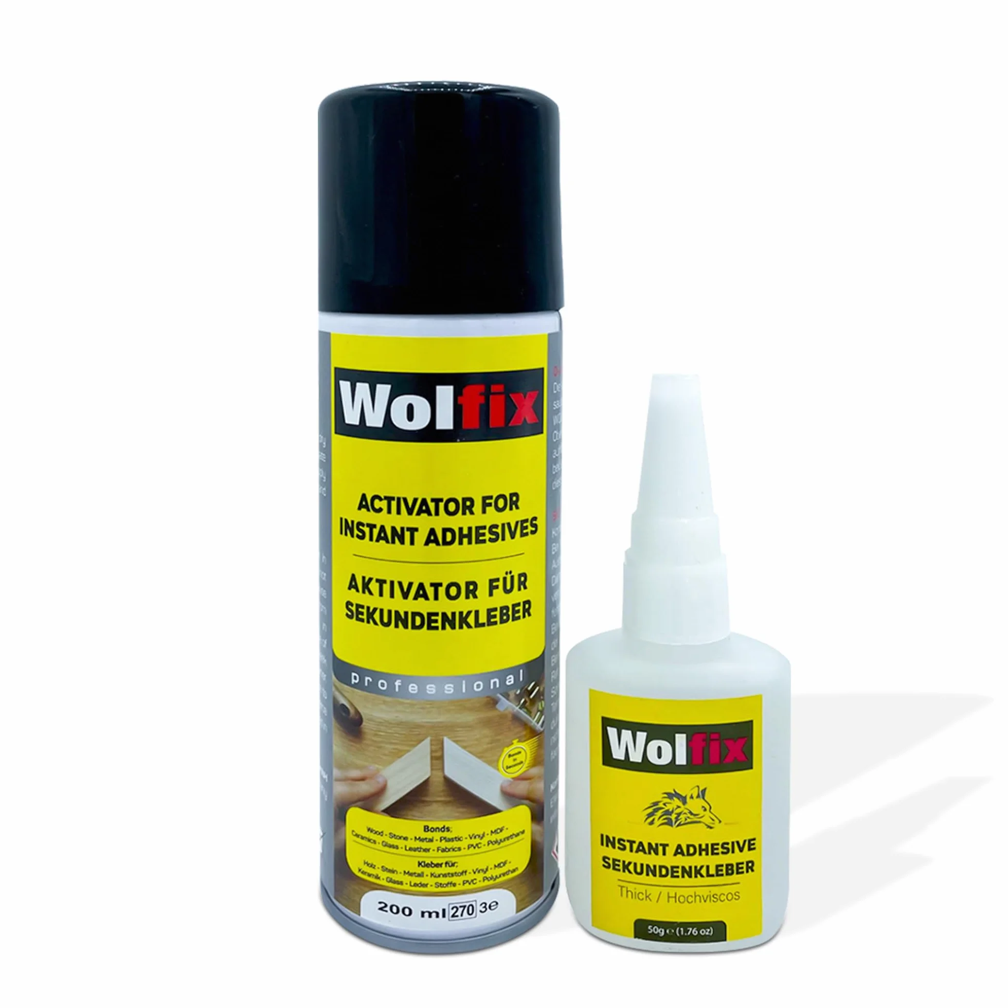 Wolfix Klej błyskawiczny 50 g z aktywatorem, 200 ml, spray do uniwersalnych napraw o wysokiej przyczepności, uniwersalny zestaw kleju cyjanoakrylowego, bardzo mocny profesjonalny klej uniwersalny