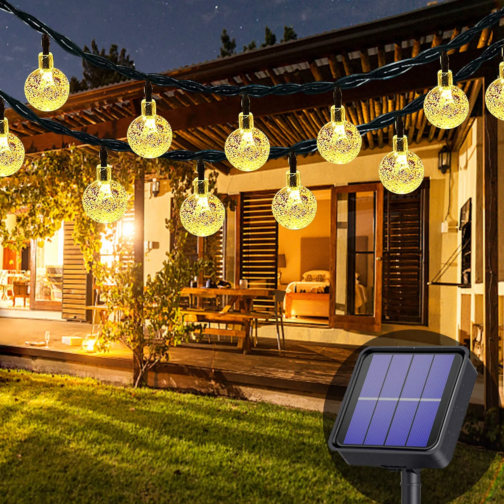 Lezonic Solarny łańcuch świetlny na zewnątrz, 50 diod LED, 23 ft 8 trybów świecenia, solarne, kryształowe kulki, wodoszczelne, na zewnątrz/do wnętrz, oświetlenie ogrodu, na balkon, drzewa, wesela, imprezy, Boże Narodzenie (ciepła biel)
