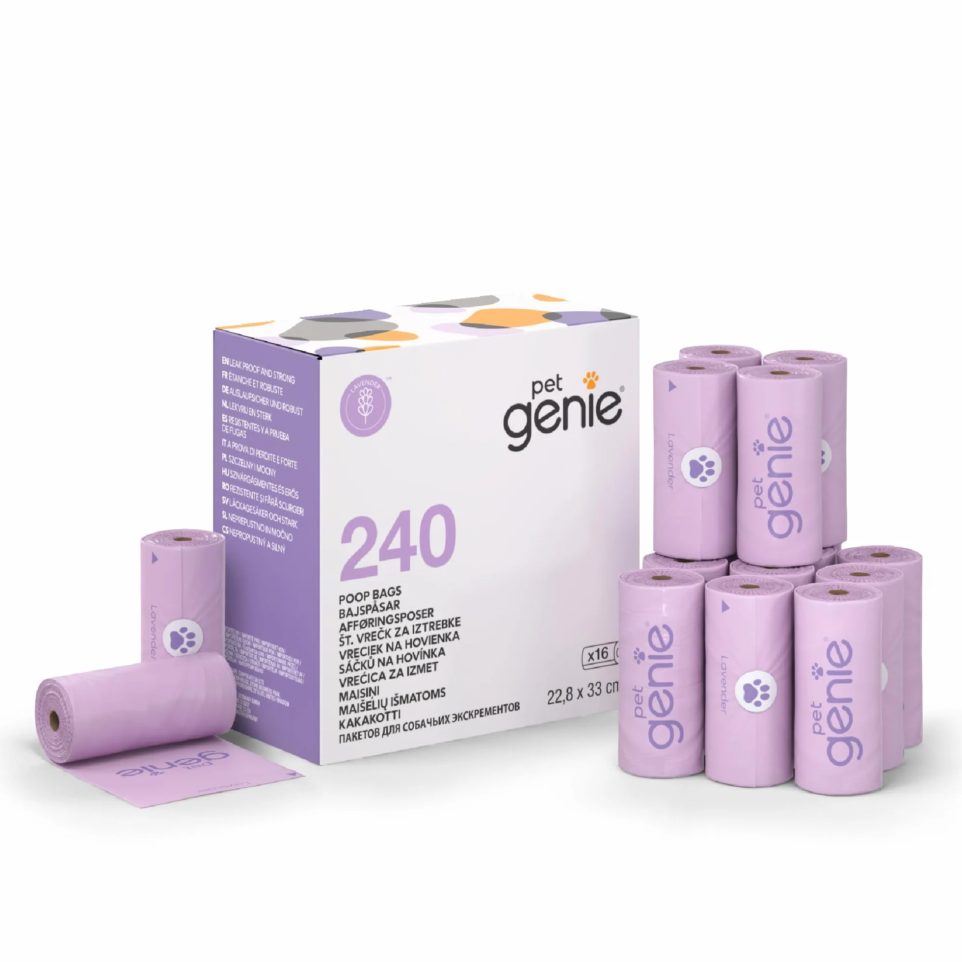 Pet Genie W podróży – worki na odchody dla psów na rolce, szczelne i bardzo grube worki na odchody dla małych i dużych psów, o zapachu lawendy, 240 sztuk, 16 rolek