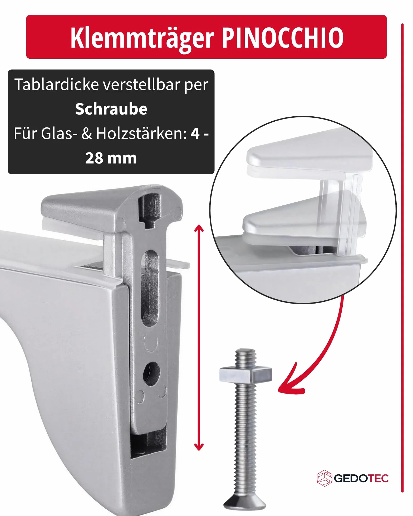 Gedotec Design szklana podpórka do regału – srebrny aluminium | 2 sztuki - podpórka do regału o dużej nośności | PINOCCHIO | Metalowa półka naścienna | Podpórka do półki o dużej nośności z nośnością