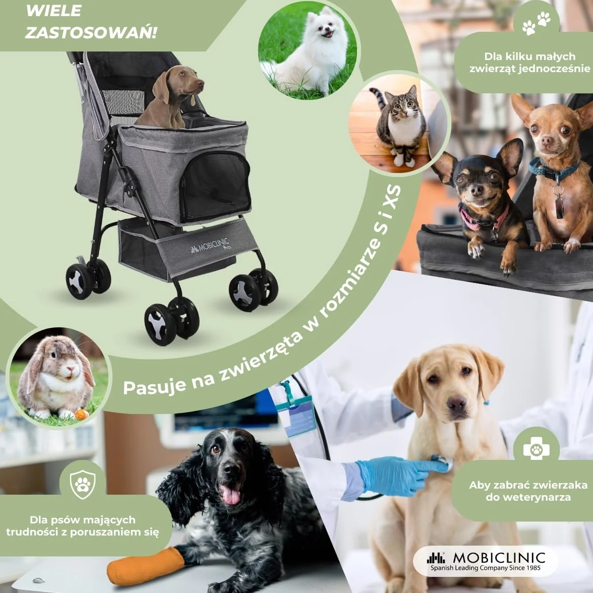 Mobiclinic®, Składany wózek dla psa, Do 15 kg, Małych Psów, Koł z hamulcami 360°, Kosz xl, 3 Okna Zamkiem Błyskawicznym i Moskitierą, Zuma (Szary)