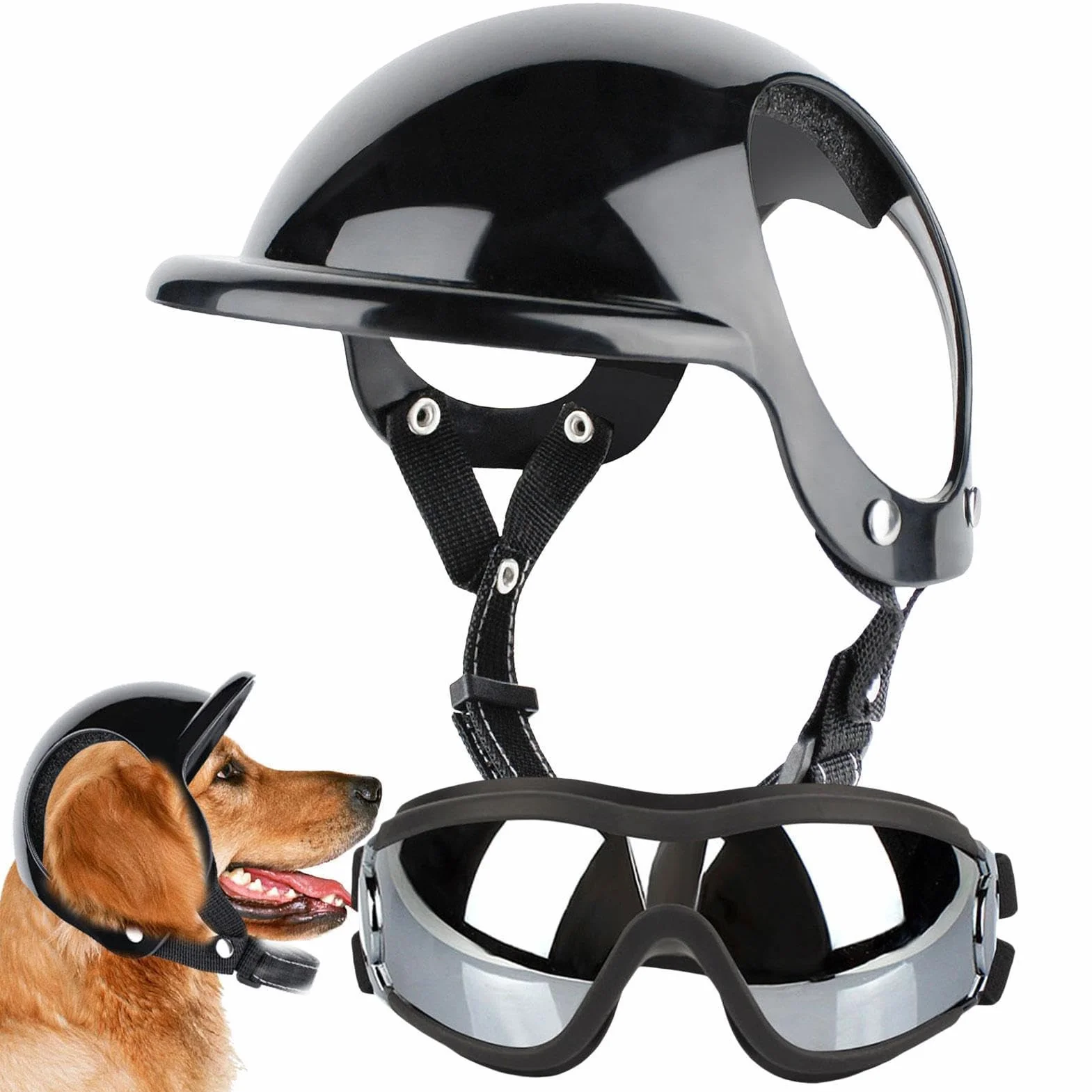 Kask i gogle dla psa zestaw kask i gogle dla psów, okulary przeciwsłoneczne dla psów regulowane czapki dla psów osłona głowy dla małych, średnich i dużych psów S//L (kod L kask sportowy +01 srebrny)