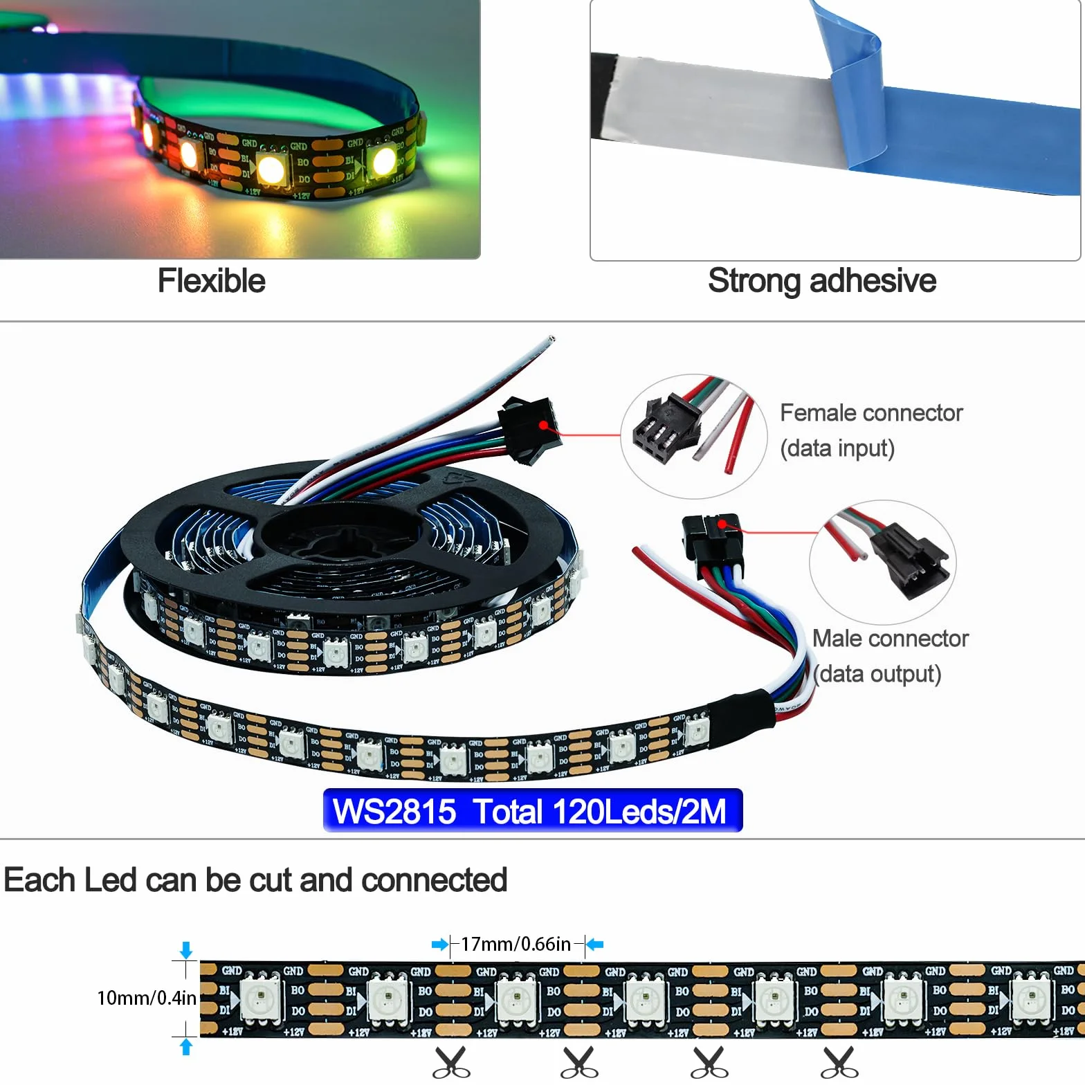Taśma LED 12 V WS2815, 2 m, RGB, podwójny sygnał pikseli, SMD 5050, 120 diod LED, IP30, w pełni kolorowa, indywidualnie adresowalna, programowalna, listwa świetlna do majsterkowania, dekoracja