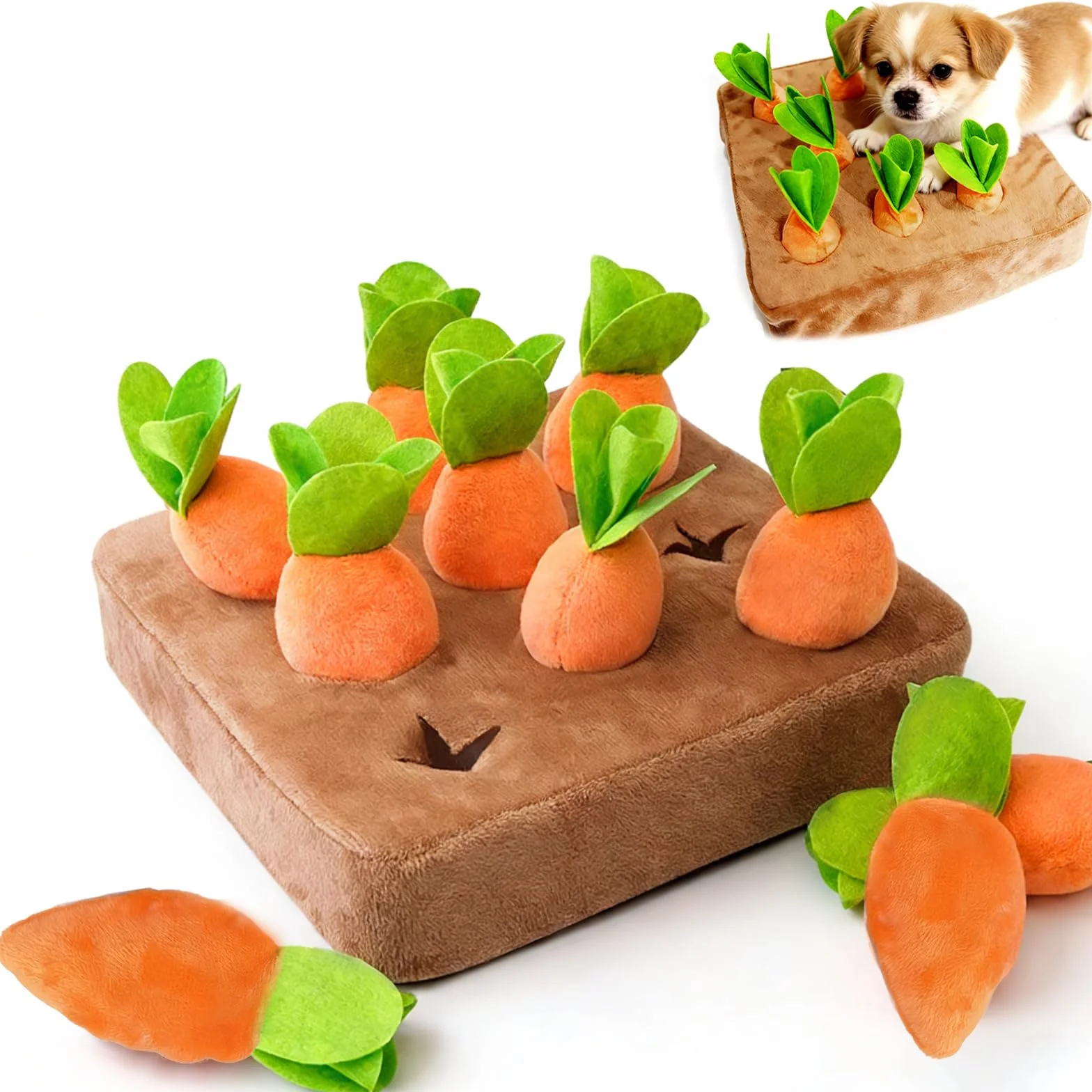 Carrot Dog Play, mata zapachowa dla psa z 9 marchewkami, pluszowa zabawka zapachowa dla psów, do zabawy i stymulacji umysłowej psa, dla małych, średnich i dużych psów