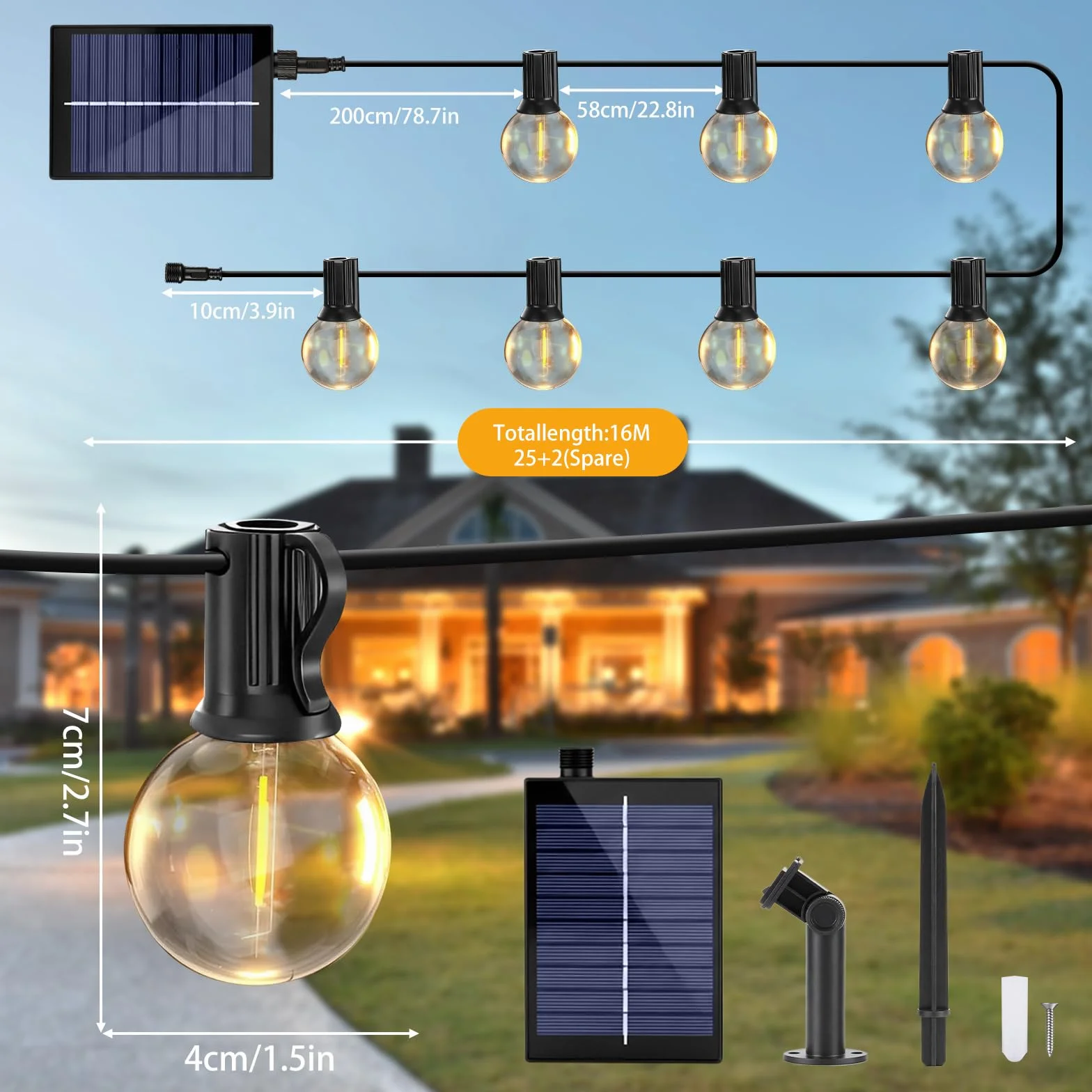 Sprifityy Łańcuch świetlny LED, do użytku na zewnątrz, 16 m, solarny łańcuch świetlny LED, G40, do użytku na zewnątrz, ściemniany, odporny na warunki atmosferyczne, wodoszczelność IP44, do ogrodu, na