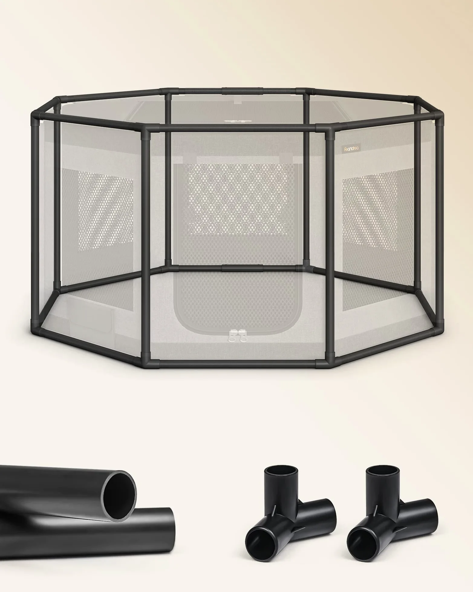 Feandrea Ogrodzenie dla psów z tkaniny Oxford, ośmiokątny park, rozmiar L, 112 x 112 x 62 cm, rama z PVC, oddychająca siatka, torba do przechowywania, ciemnoszary i jasnoszary
