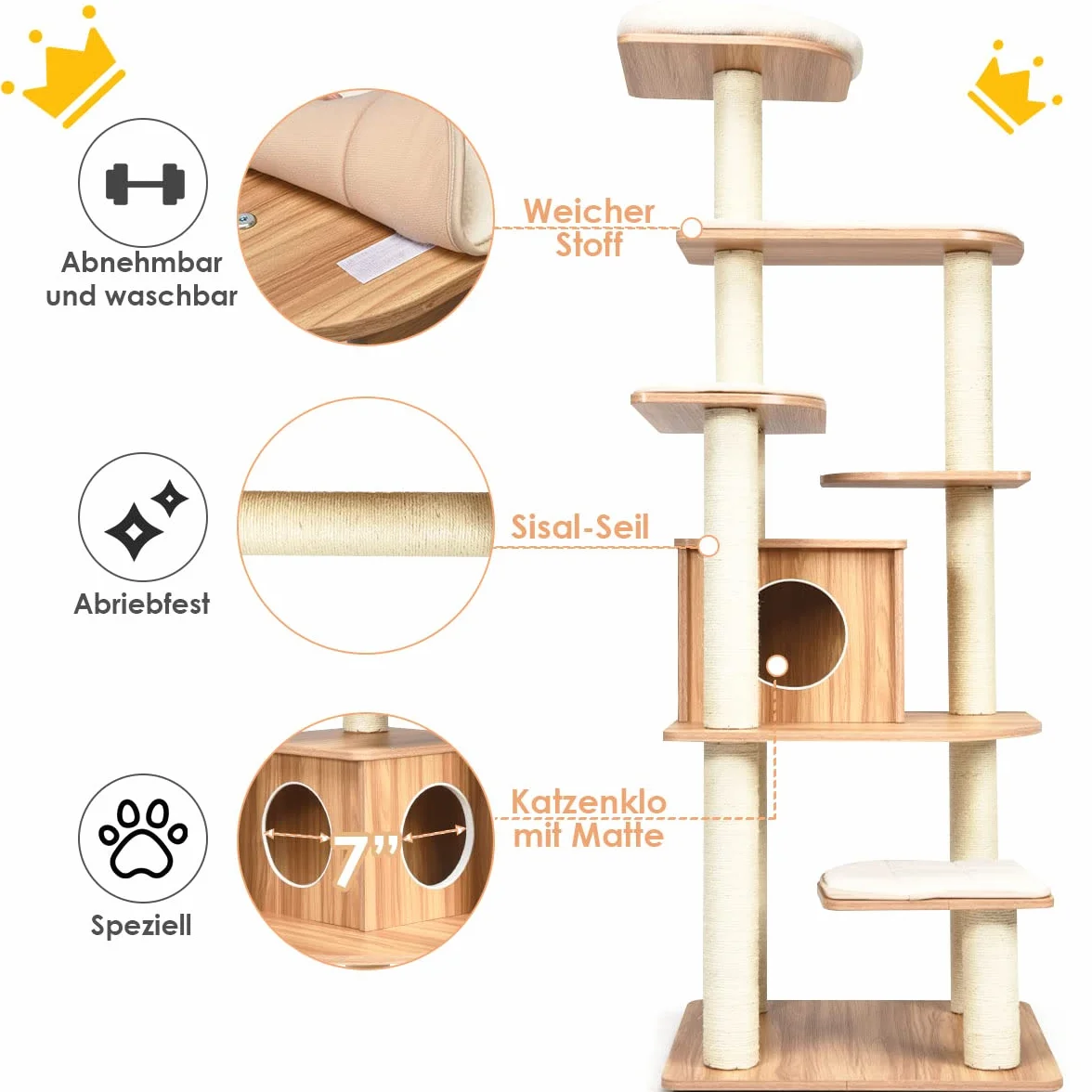 COSTWAY Drapak z Drewna 175 cm, 6-Stopniowy Domek do Zabawy dla Kotów z Jaskiniami i 5 Matami, Drzewo Aktywności, Meble, Drzewo do Wspinaczki, Beżowy + Naturalny