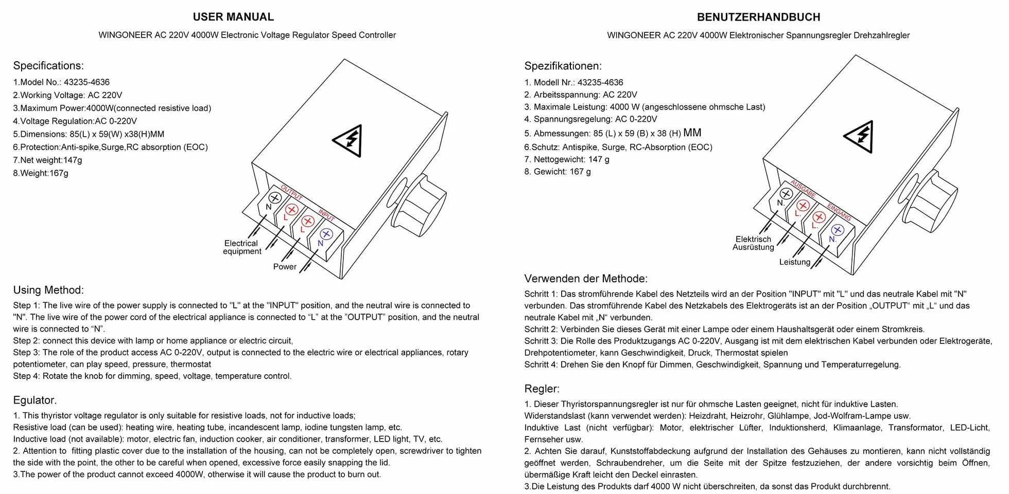SCR Elektroniczny Regulator Napięcia 4000W 220V
