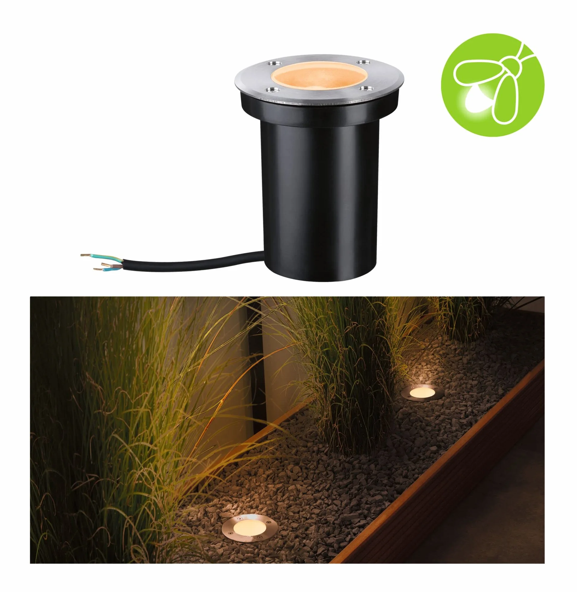 Paulmann 94732 oprawa zewnętrzna LED oprawa dogruntowa złote światło przyjazne owadom IP65 okr. 110mm 2200K 4,3W 320lm 230V stal szlach. tw. szt. GU10