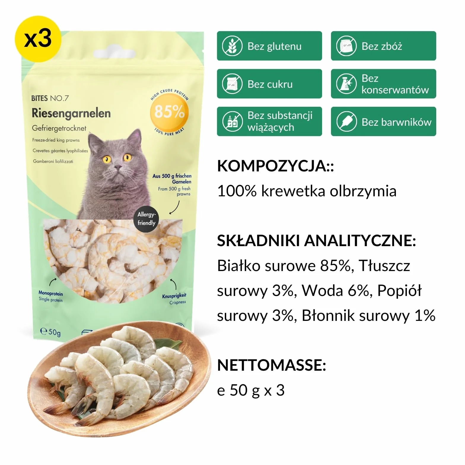 XXL liofilizowane przysmaki dla kota, 100% krewetka olbrzymia, monobiałkowe smaczki bez zbóż i bez cukru, tylko 1 składnik, zestaw 3 x 50 g