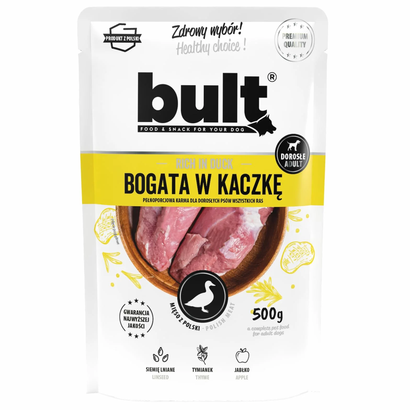 BULT, Mokra Karma dla Psa, Mielonka z Kaczką, 500g, Dla Dorosłych Psów, Saszetka, Z Siemieniem Lnianym i Tymiankiem, Bez Sztucznych Dodatków