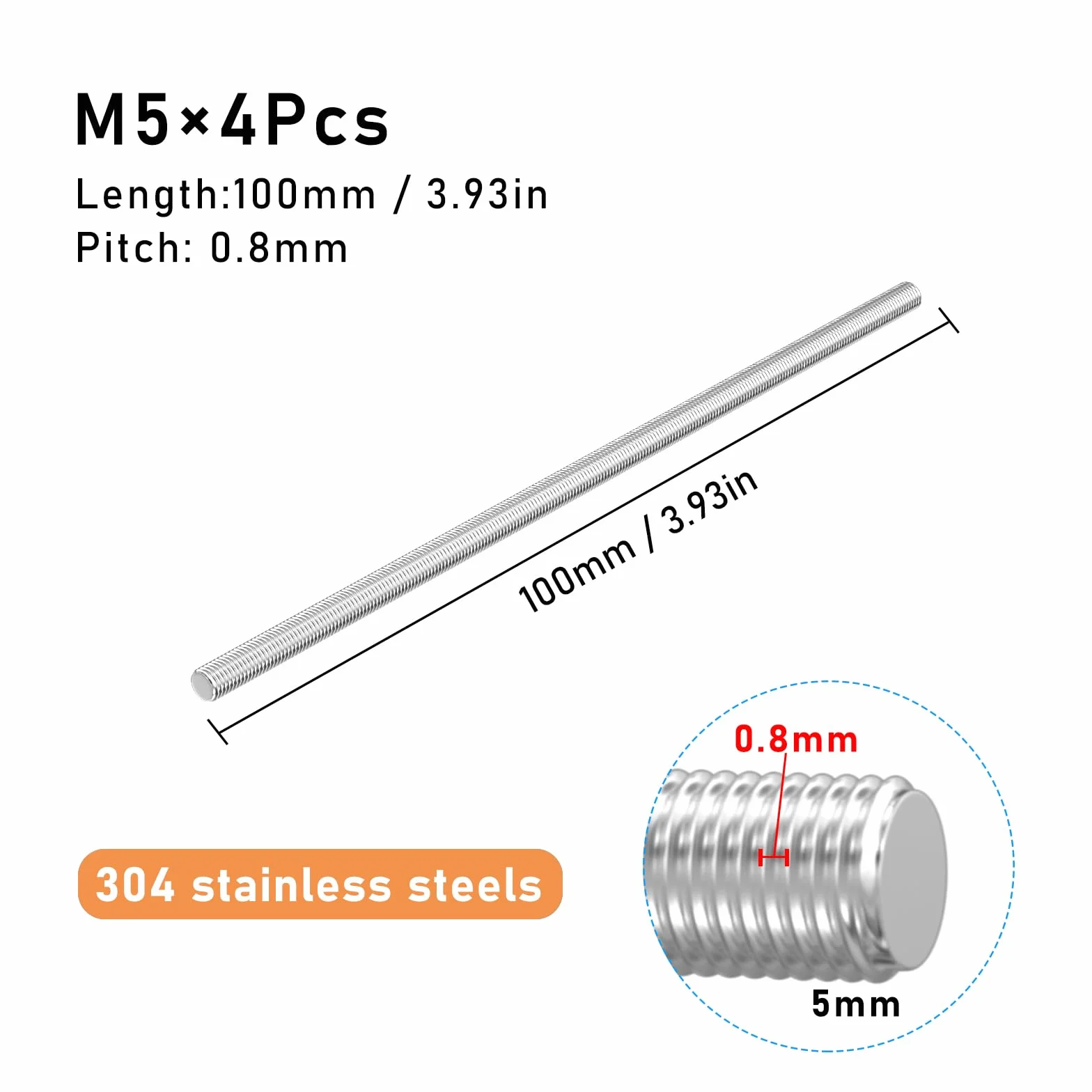 4 sztuki w pełni gwintowany pręt M5 × 100 mm 304 stal nierdzewna, DIN 975