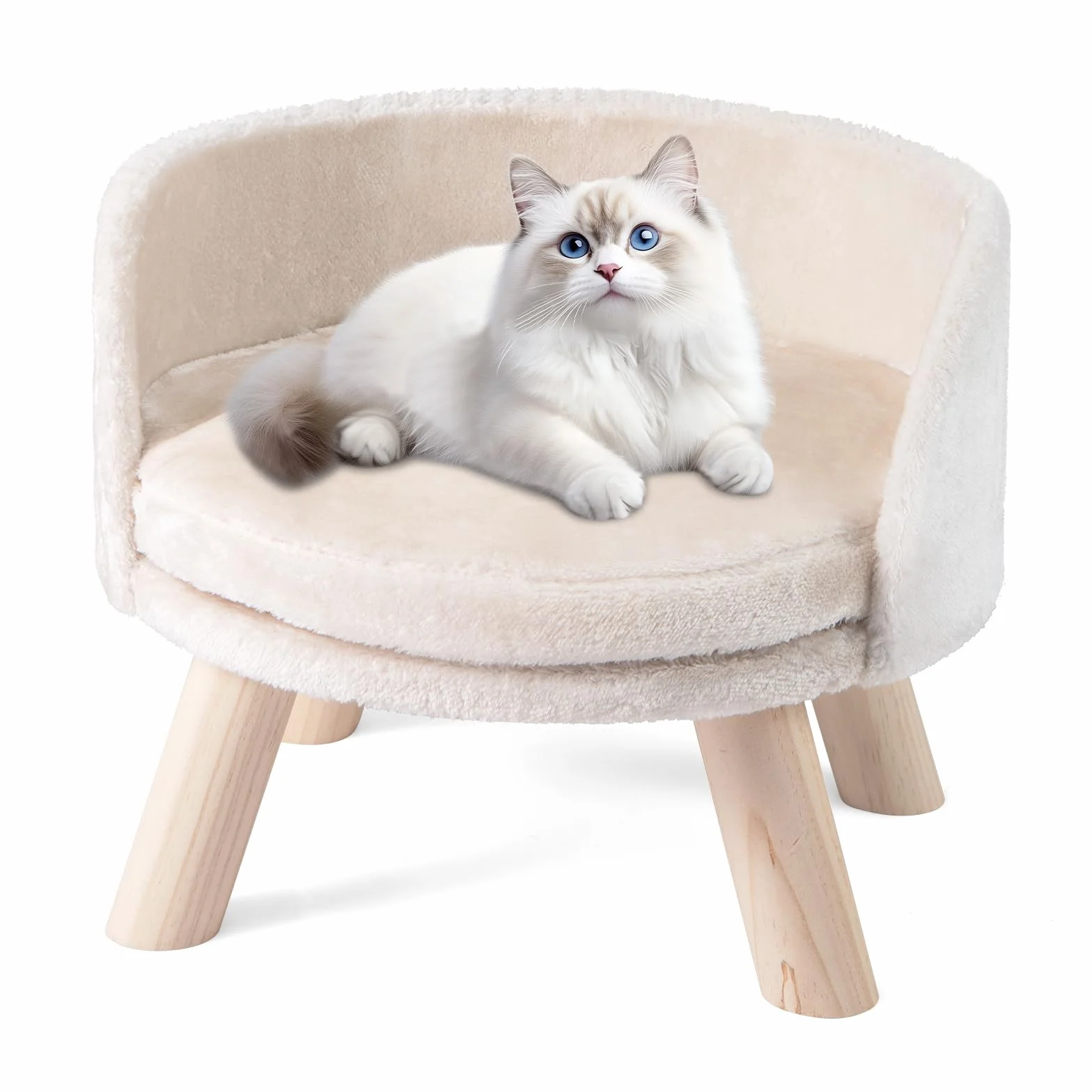 FANTASK Sofa dla kotów 42x42x33 cm podwyższana kanapa z poduszkami oparciem drewnianymi nogami beżowa