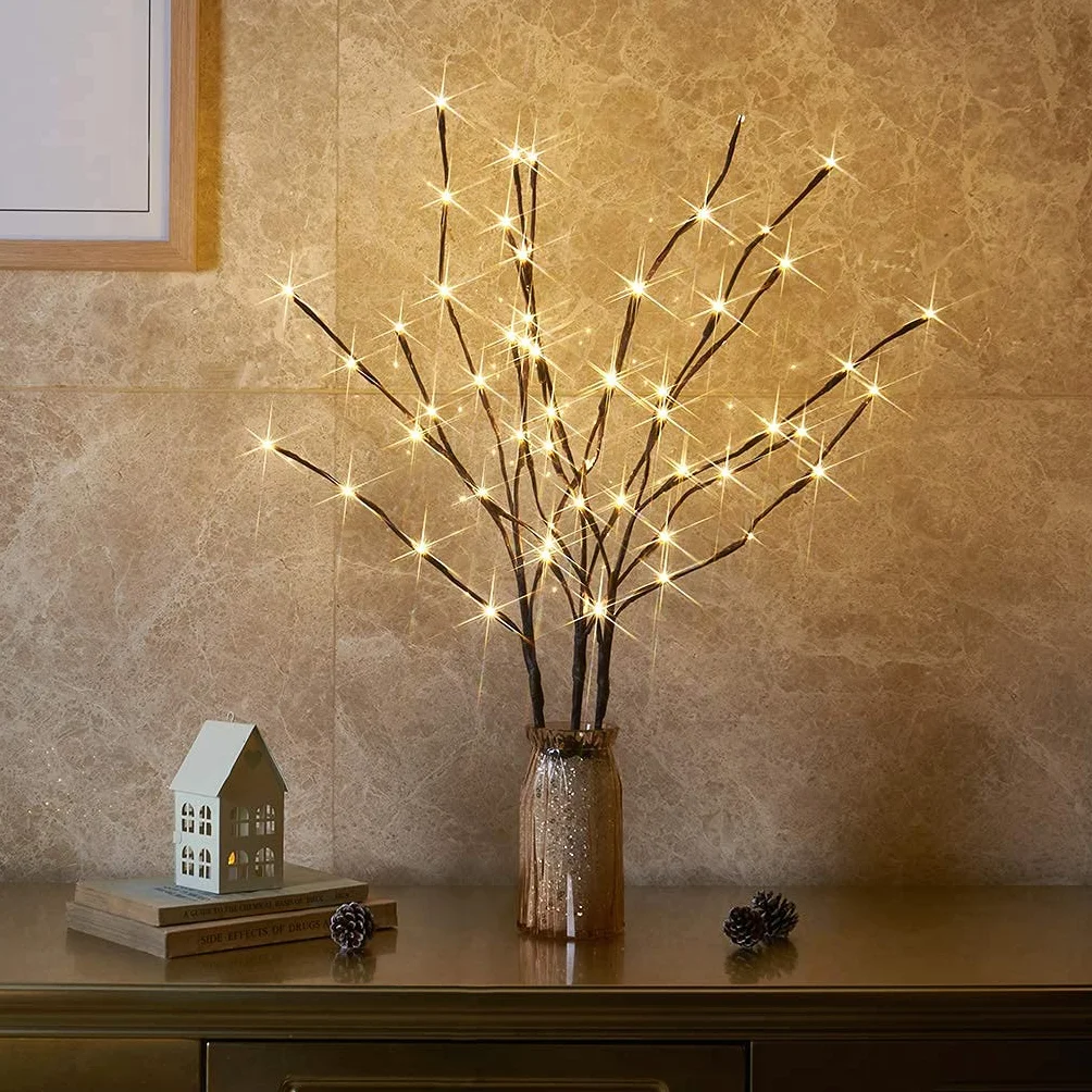 Eambrite 3-częściowy zestaw drzewek świetlnych do użytku wewnątrz i na zewnątrz, 60 diod LED, wodoszczelne gałązki 76 cm, ciepłe białe światło gałązkowe, brązowe z zasilaniem sieciowym, lampa LED,