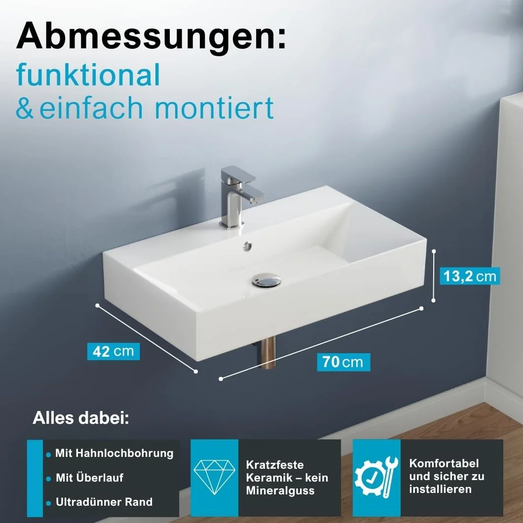 Aqua Bagno umywalka prostokątna 70 cm ceramiczna biały połysk z otworem na baterię i przelewem