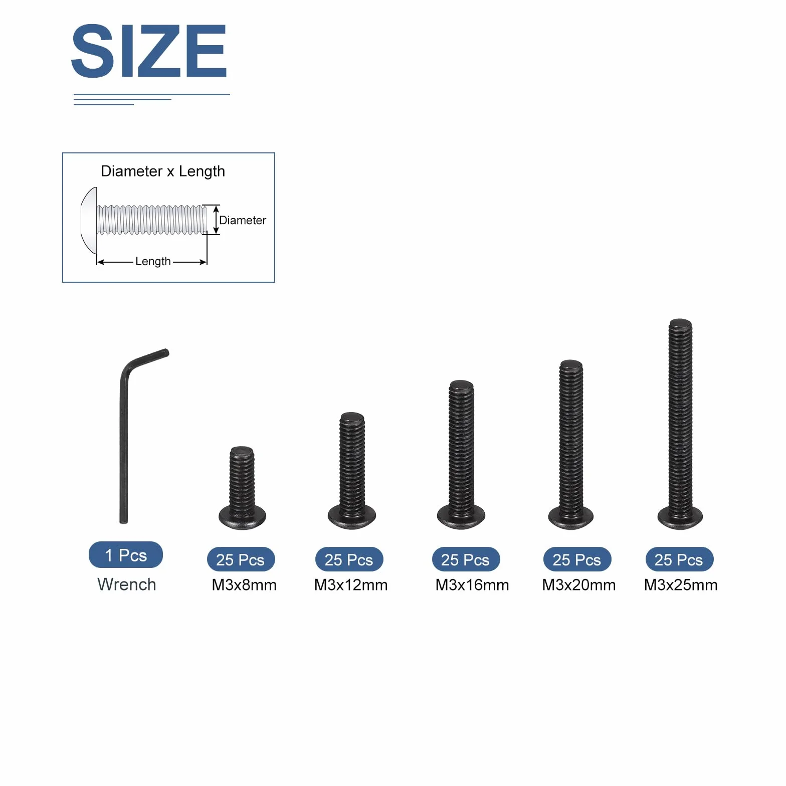 DTGN 125 szt. M3 Śruba z łbem cylindrycznym z łbem sześciokątnym - 8-25 mm zestaw kluczy nakrętki śruby ze stali węglowej czarny - do maszyn, mebli