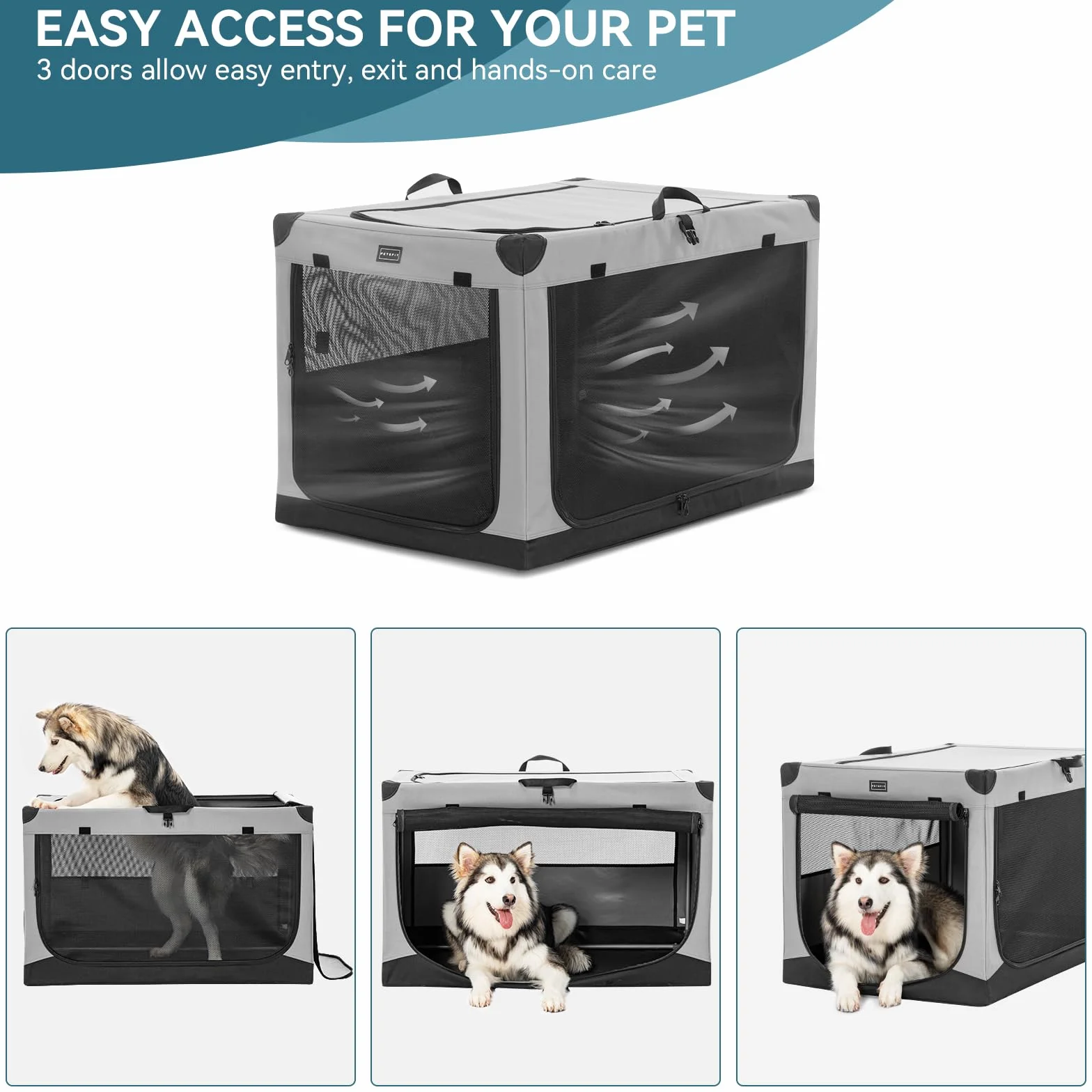 Petsfit Duża skrzynka podróżna dla psa, składana skrzynia samochodowa, nadająca się do prania, pokrowiec z tkaniny z kieszenią dla średnich i dużych psów, 91 cm, szara