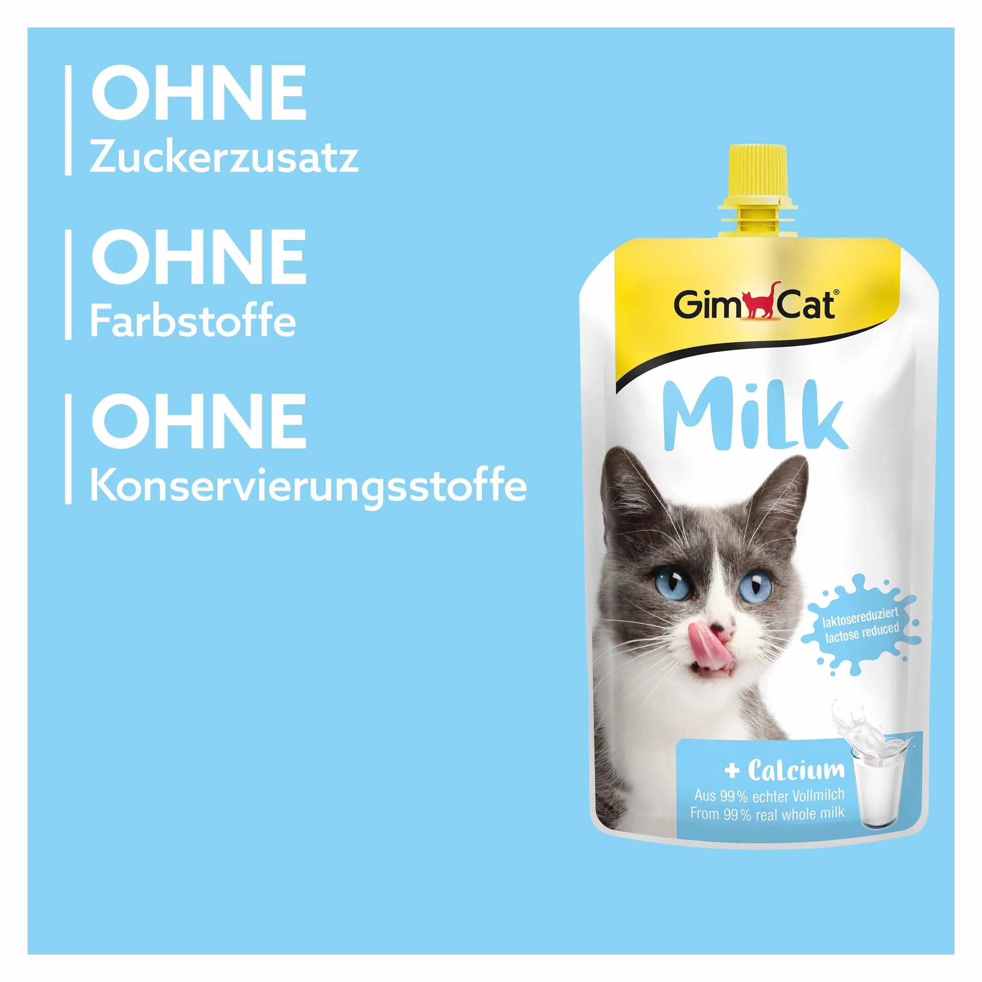 GimCat Milk - Mleko dla kotów o obniżonej zawartości laktozy, przygotowane z pełnego mleka z dodatkiem wapnia z myślą o zdrowiu kości 1 worek (1 × 200 g)