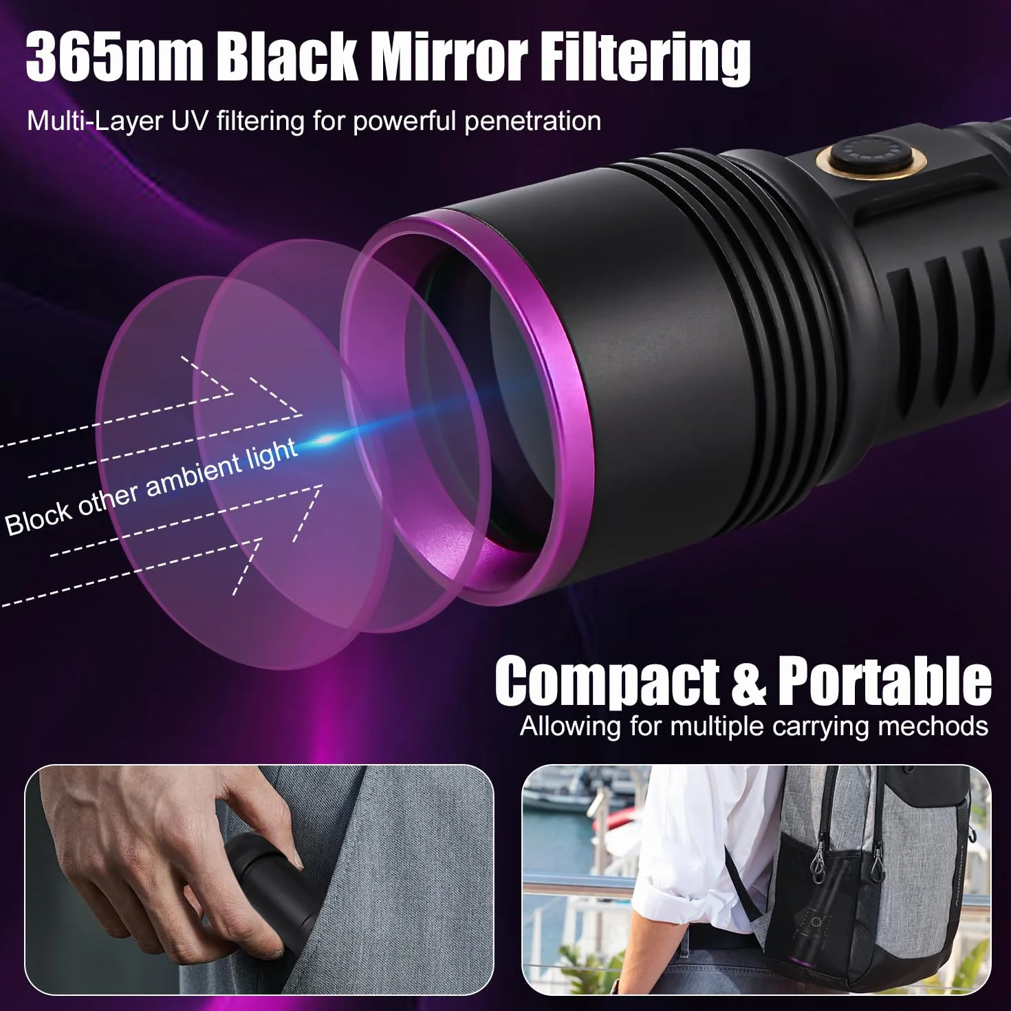 Azyvum Latarka UV 20 W, ładowana przez USB, czarne światło, 365 nm, lampa UV do bursztynu, żywicy epoksydowej, wykrywania moczu zwierząt domowych, minerałów, podróży, plam dla psów i kotów