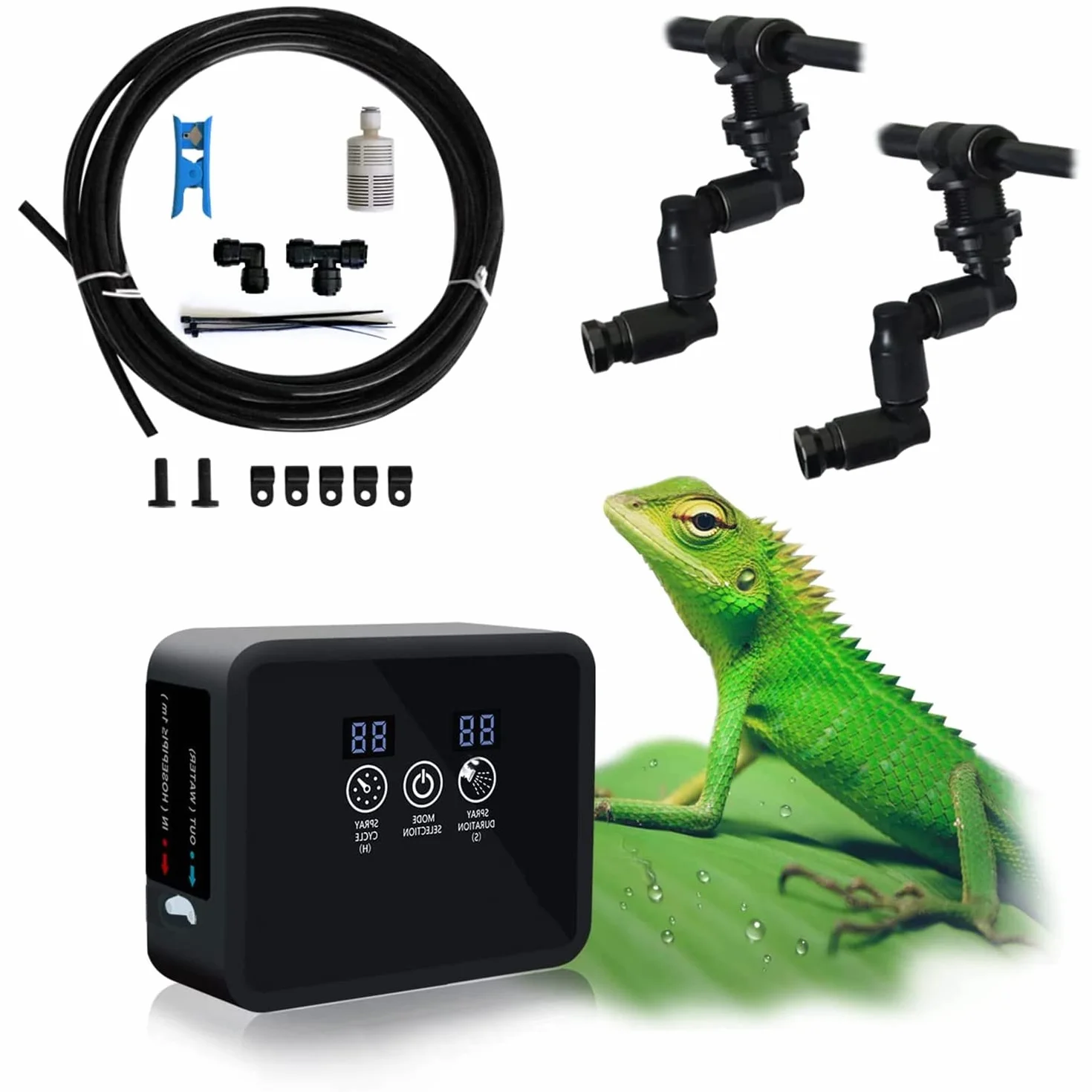 Inteligentny system mgiełki gadów z timerem, automatyczny nebulizator z dyszami natryskowymi 360°, nawilżacz powietrza, terrarium dla kameleonów, płazów, gadów, roślin i ziół