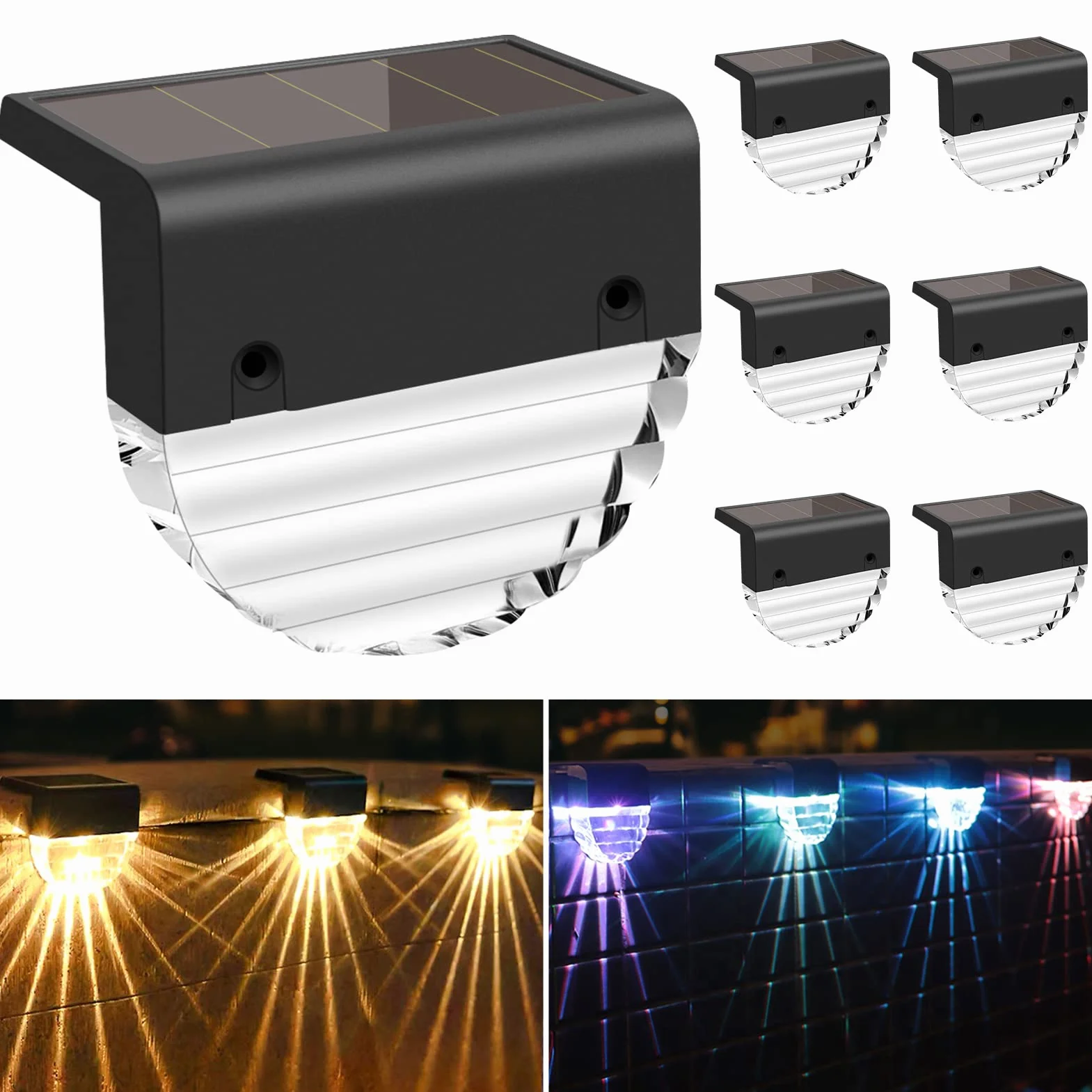Fuqiduo Lampy solarne na zewnątrz, IP65, wodoszczelne lampy solarne z 2 trybami (ciepła biel i zmiana koloru), zasilana energią słoneczną lampa ścienna do ogrodzenia, ogrodu, tarasu, schodów – 6 sztuk