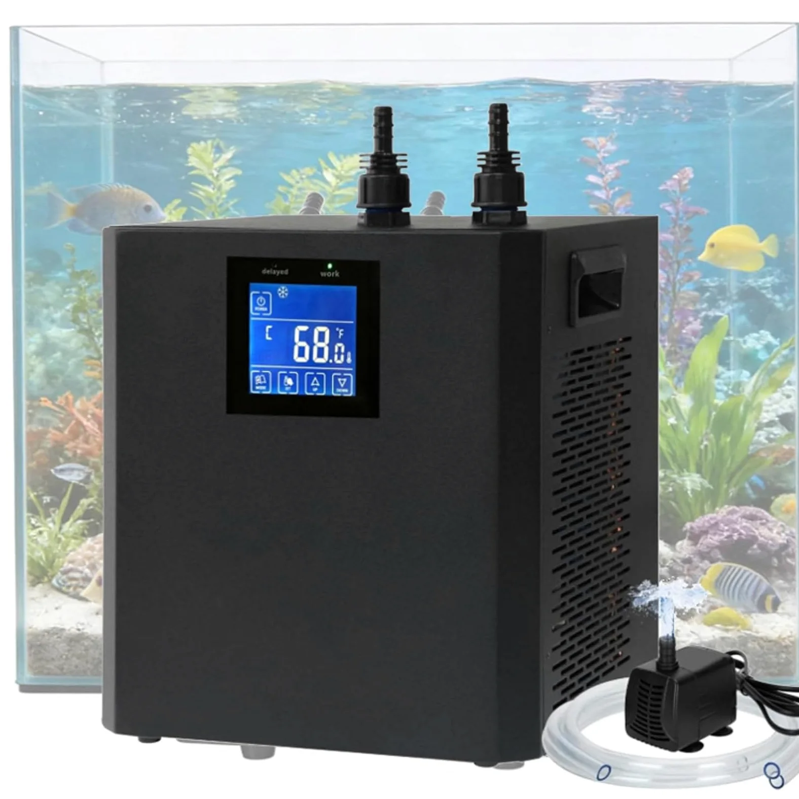 Agregat chłodzący do akwarium, 79 l, 1/3 HP, aktywny system chłodzenia z wyświetlaczem LED, pompa wodna, pilot zdalnego sterowania do hydroponiki akwariowej
