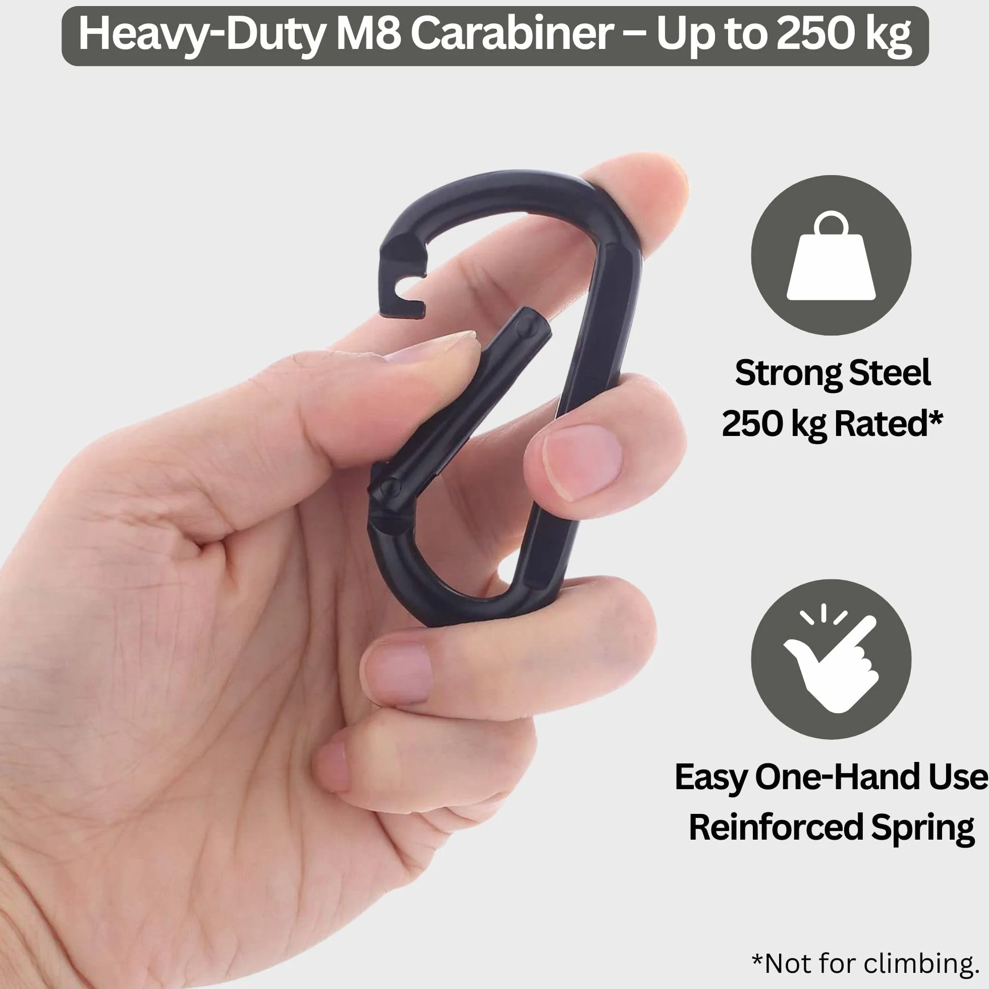 Czarny karabińczyk ze stali nierdzewnej M8 8 cm (zestaw 2 sztuk) - Haczyk na klucze 250 kg do hamaka huśtawki dla psa i pieszych wycieczek