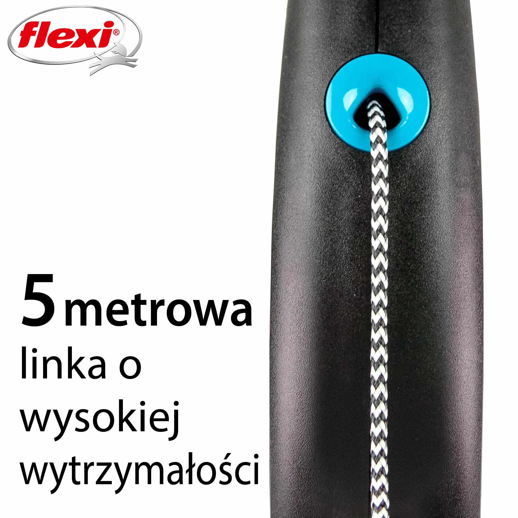 Flexi, model smyczy w kolorze czarnym, wersja ze sznurkiem, nowoczesny i ergonomiczny kształt, zaawansowany system prowadzenia, zwijana smycz, wyprodukowano w Niemczech, czarno-niebieski, M - 5m
