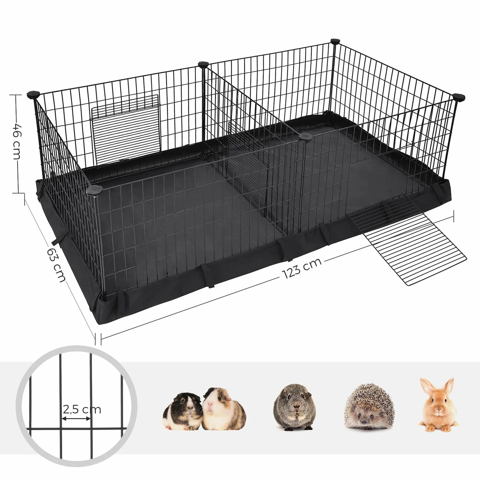 SONGMICS wybieg dla świnek morskich, wybrukowany obszar ze ścianką działową, 2 oddzielne obszary, z dnem z tkaniny, 3 drzwi, 123 x 63 x 46 cm, czarny LPI07H