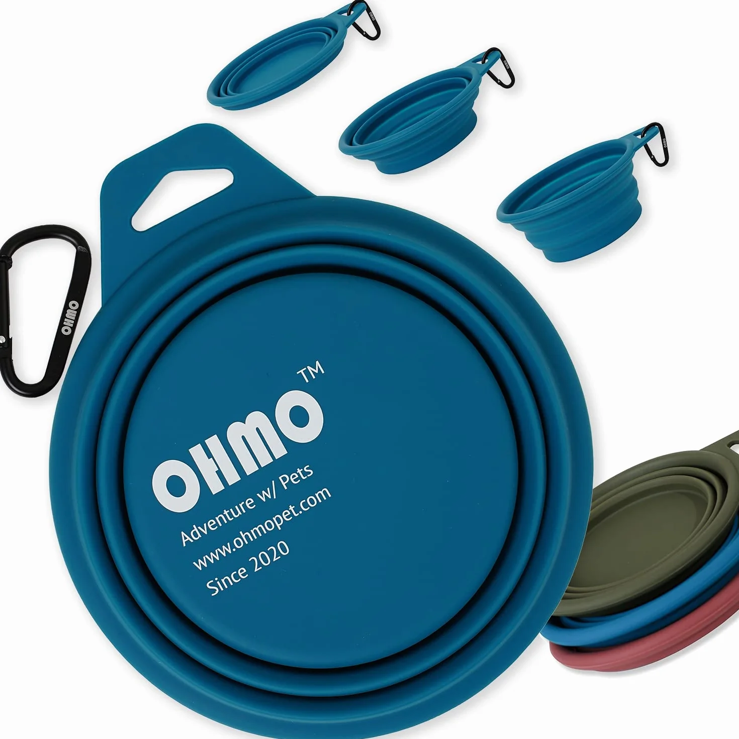 OHMO Składana miska na wodę dla psa 800 ml, duża, podróżna, przenośna silikonowa miska na jedzenie i wodę, karmienie zwierząt domowych, na kemping, wędrówki z haczykiem