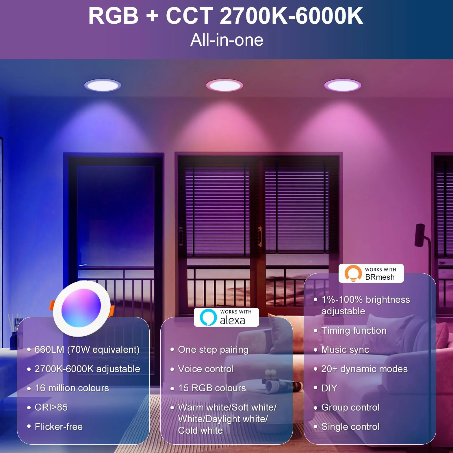 DUSKTEC Wbudowany reflektor LED Alexa Bluetooth, 220 V, wielokolorowe oświetlenie sufitowe RGB 68 mm, możliwość ściemniania, ciepła i zimna biel, 7 W, IP44, reflektor sufitowy LED łazienkowy