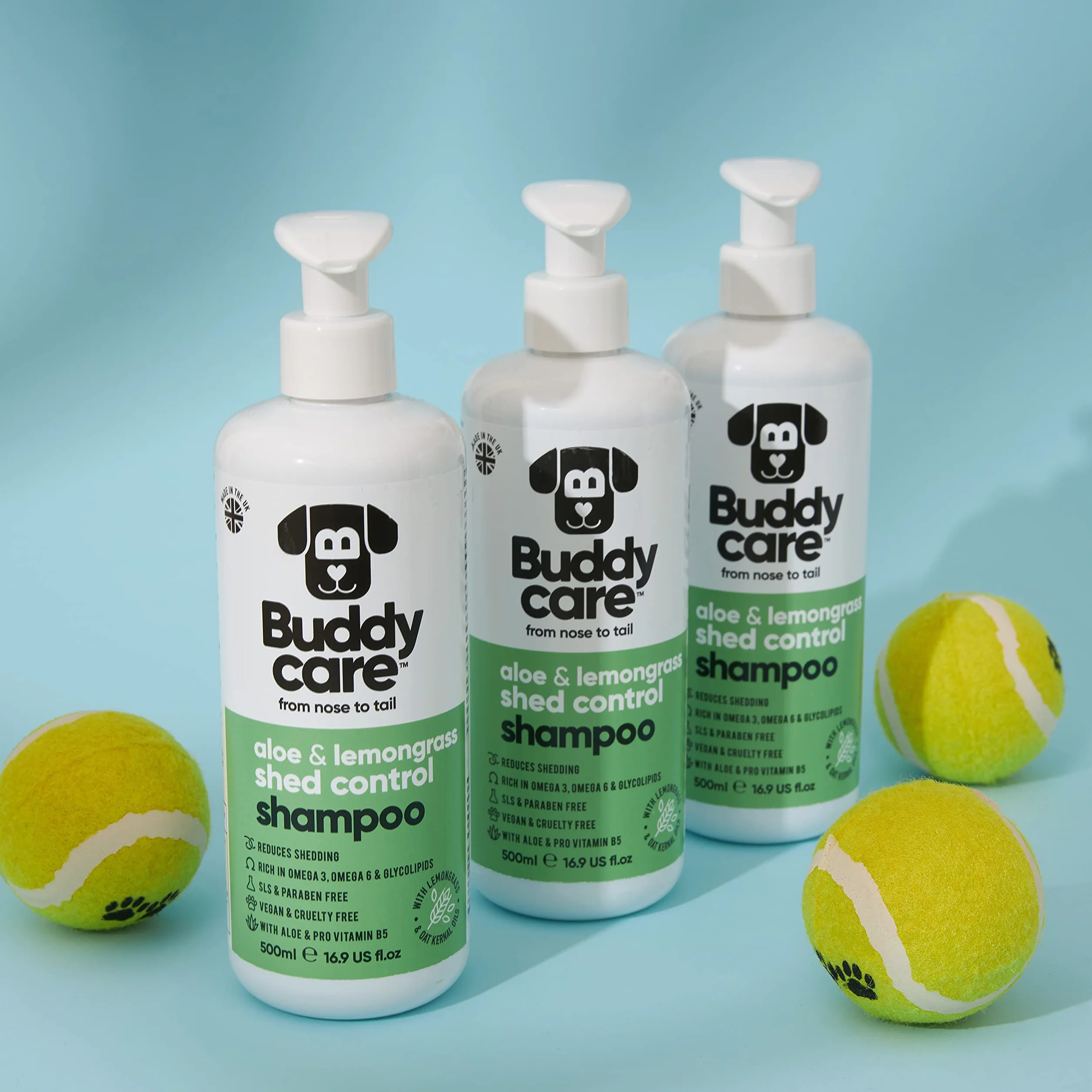 Buddycare Shed Control szampon dla psów, 500 ml, o zapachu aloesu i trawy cytrynowej, z aloesem i pro witaminą B5, szampon dla szczeniąt, delikatna formuła dla wszystkich ras, wegańska i wolna od
