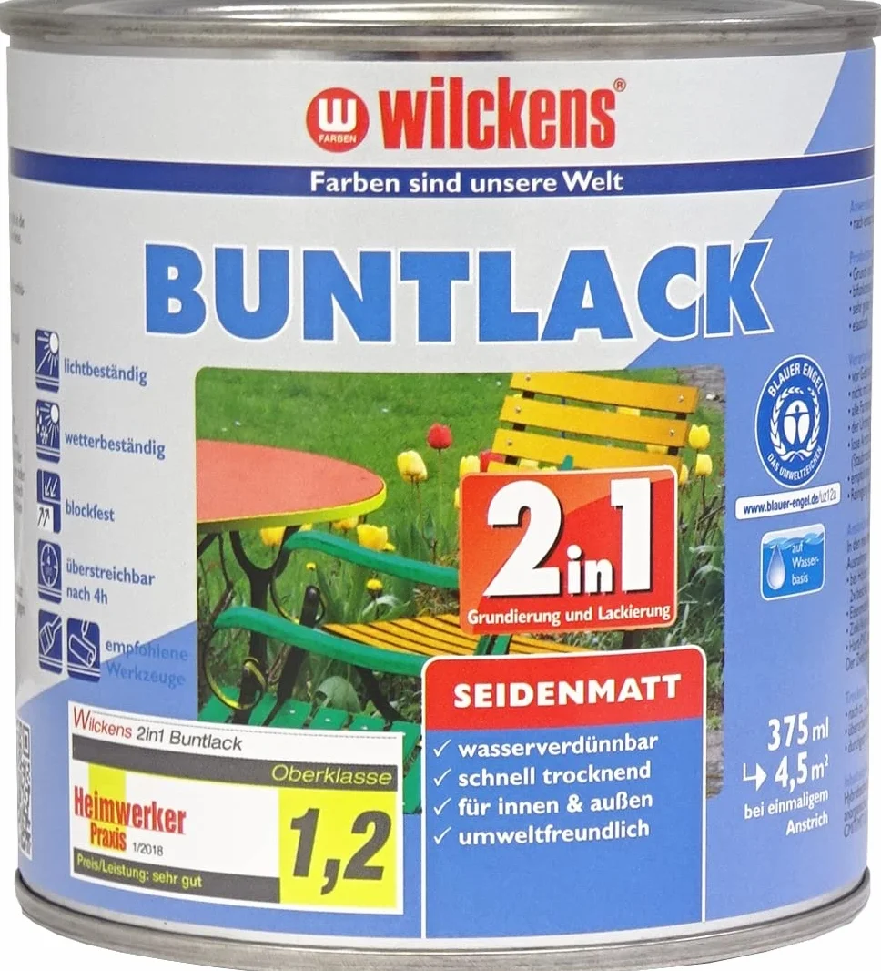 Wilckens 2 w 1 akrylowy lakier kolorowy do wnętrz i na zewnątrz, jedwabisty matowy, 375 ml, RAL 7035 jasnoszary