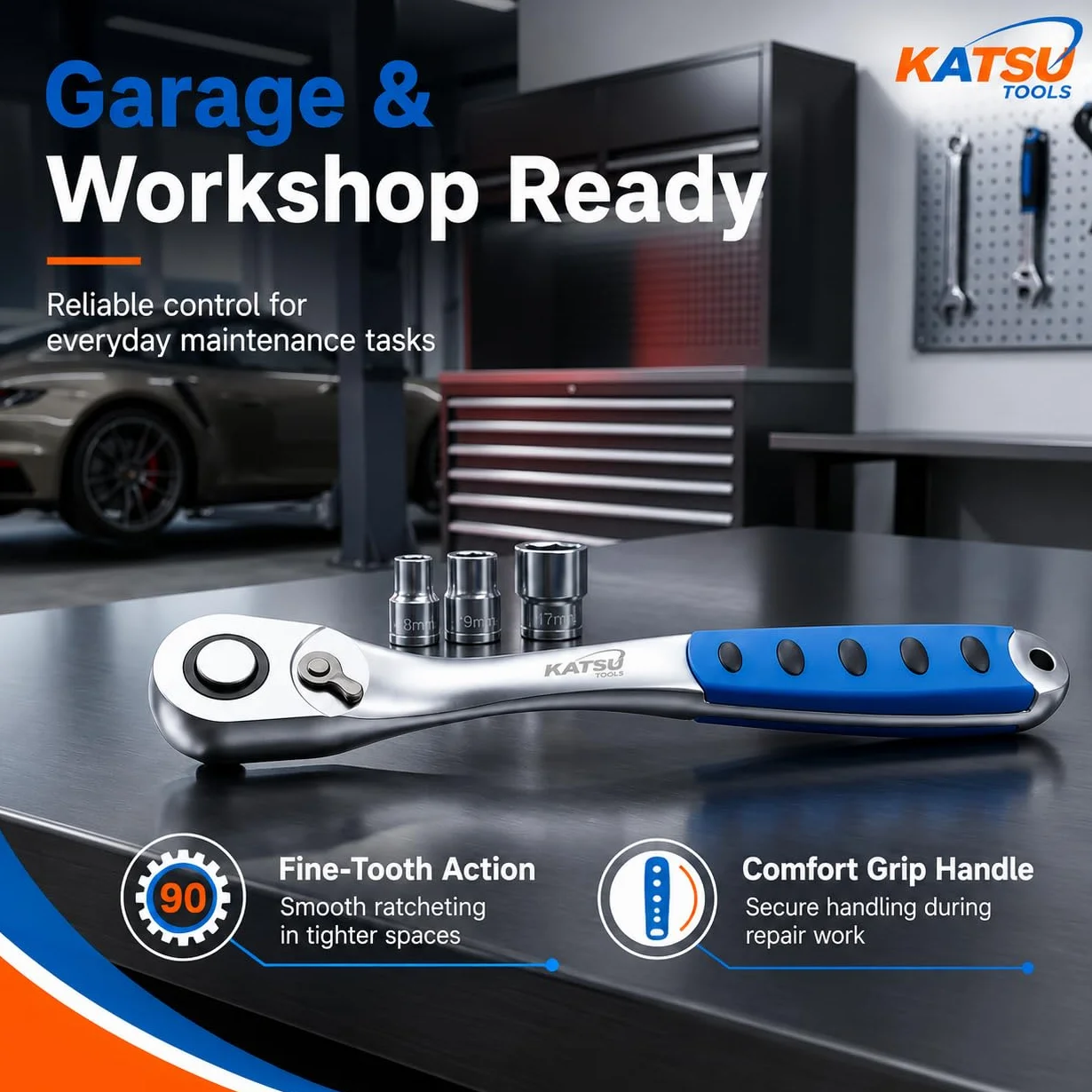 KATSU Tools 1/2-calowy kwadratowy napęd 90 zębów szybkie zwalnianie odwracalny klucz nasadowy z grzechotką, miękki uchwyt, stal CR-V, długość 260 mm 423909