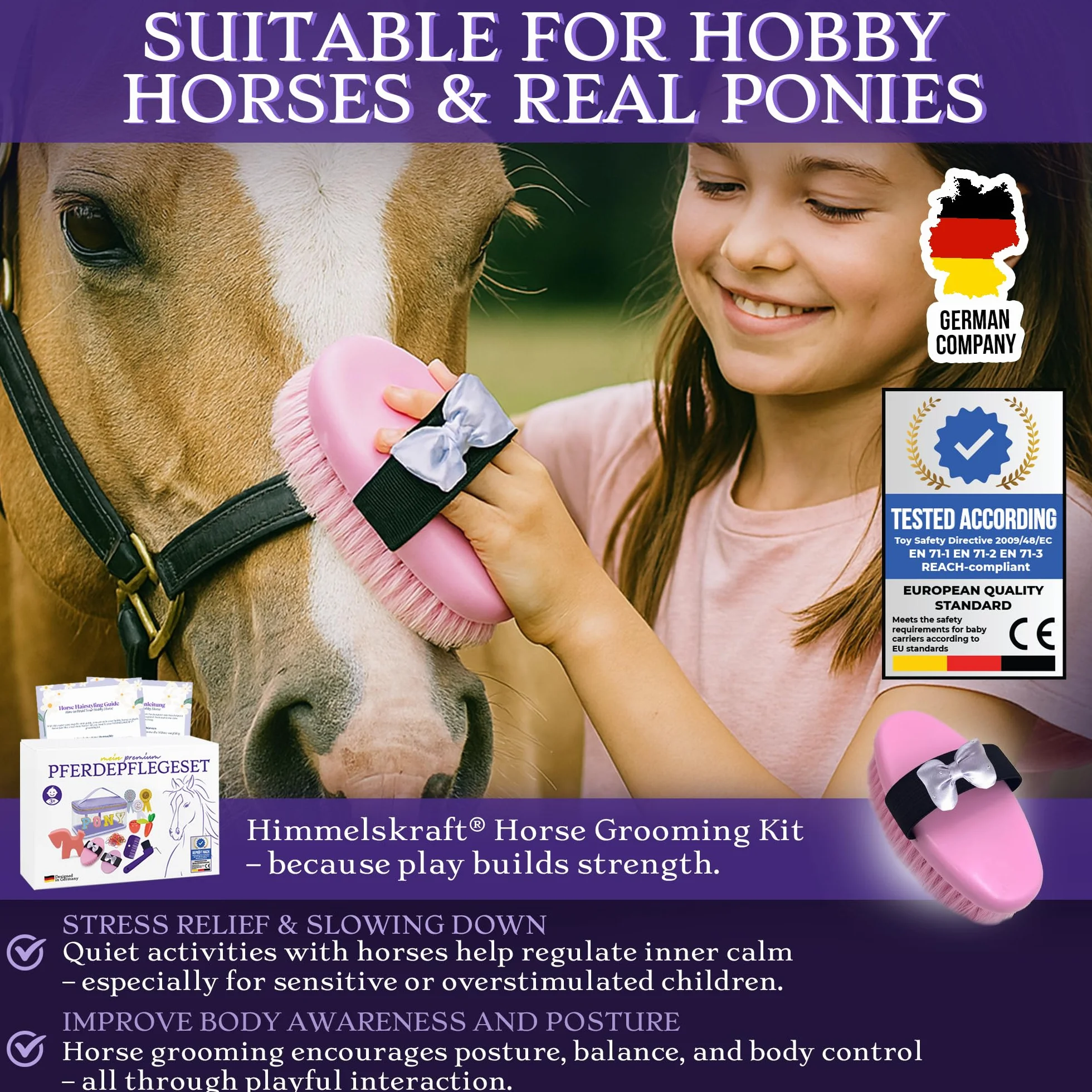 Akcesoria do hobby horse – prawdziwy zestaw do pielęgnacji koni i torebka do szczotkowania dla dzieci – z szczotkami, drapaczem do kopyt, kokardkami – prezent dla dziewczynek