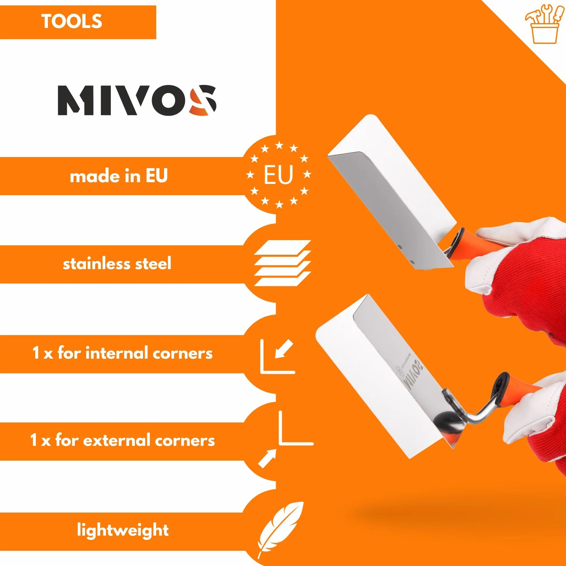 Mivos kielnia narożna ze stali nierdzewnej 120 x 60 mm – wewnętrzna i zewnętrzna z miękkim uchwytem